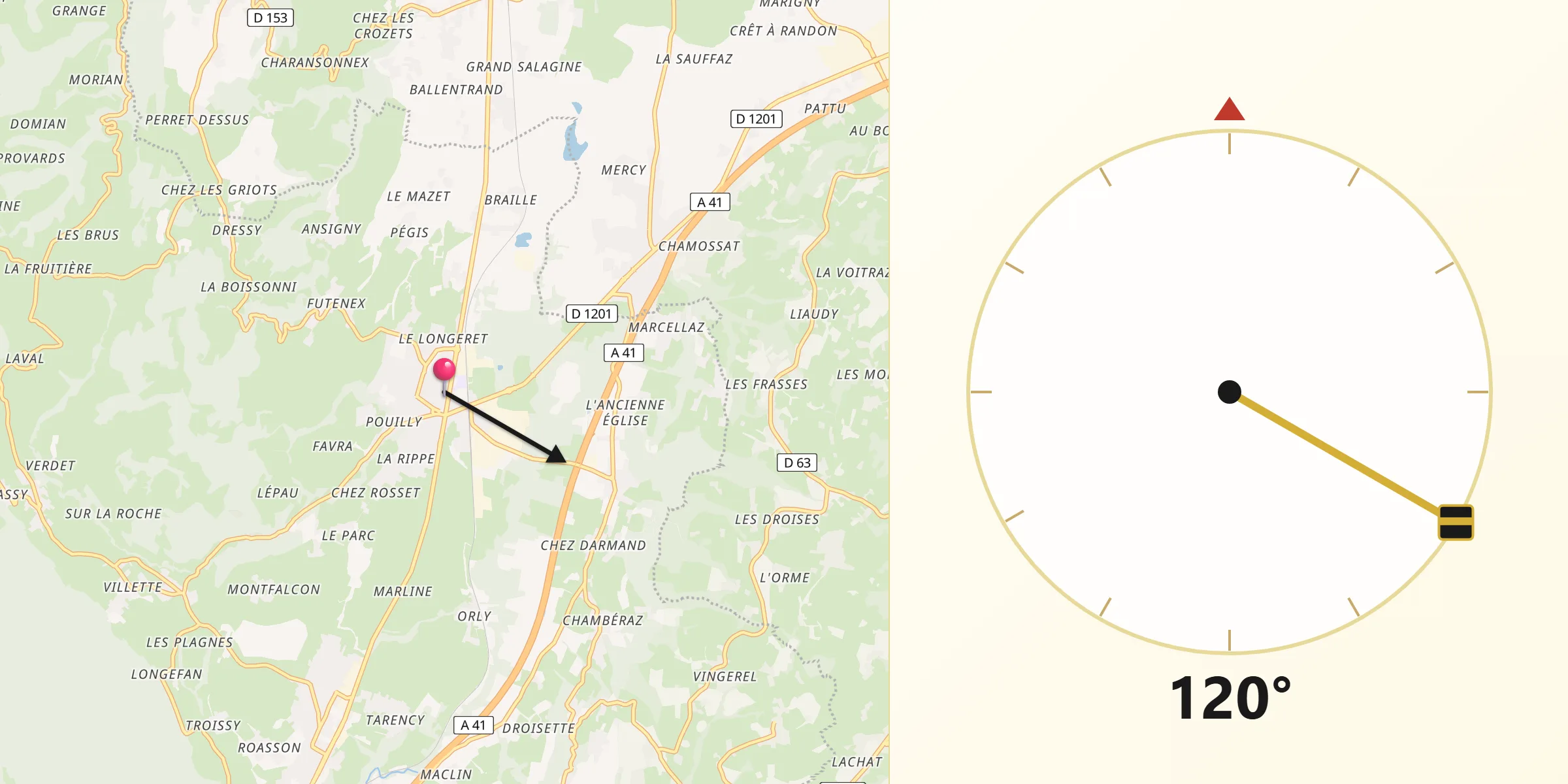 Direction vers la Qibla depuis Albens