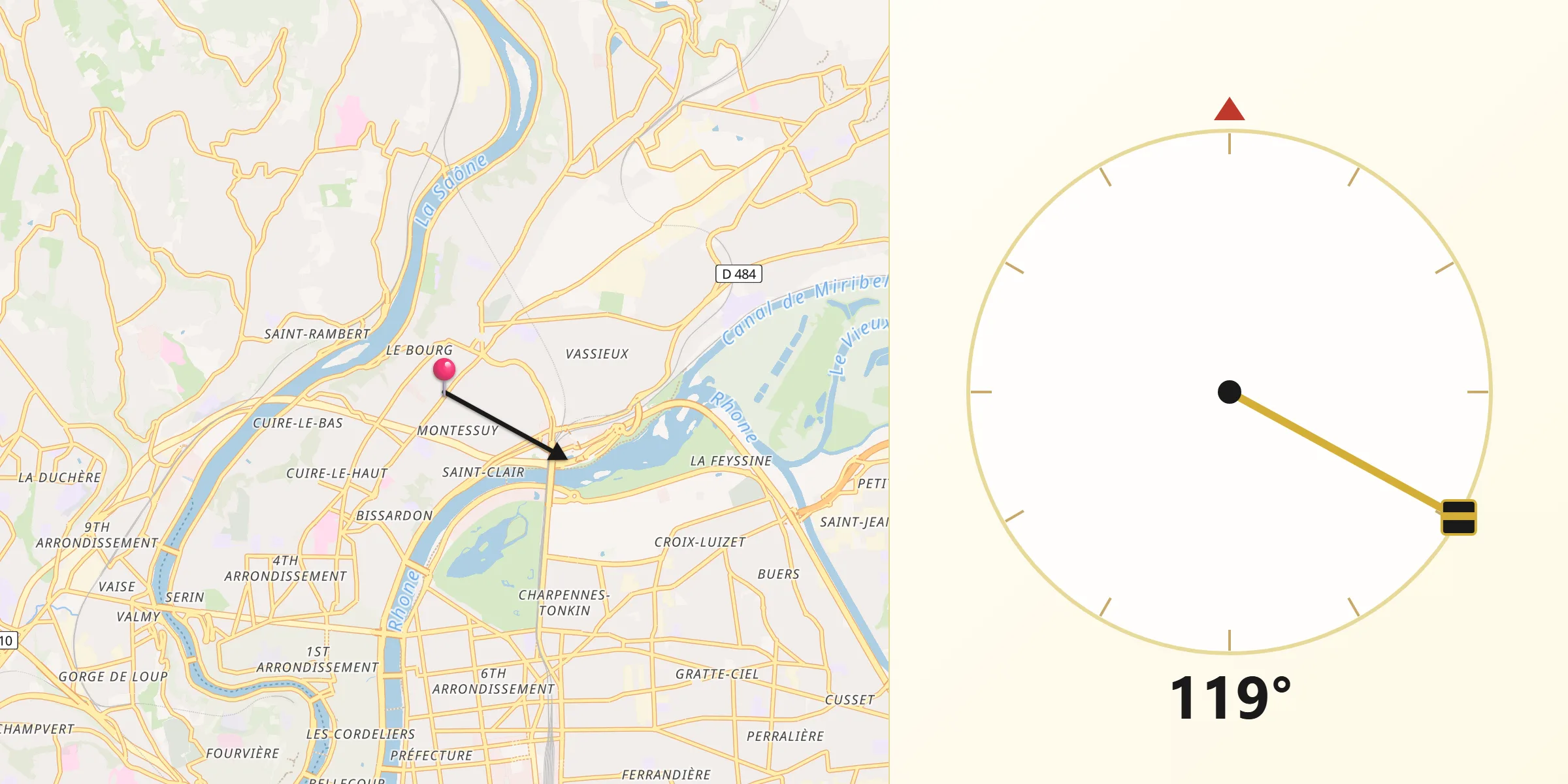Direction vers la Qibla depuis Caluire-et-Cuire