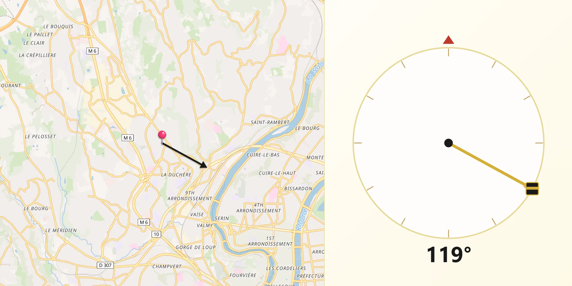 Direction vers la Qibla depuis Champagne-au-Mont-d’Or