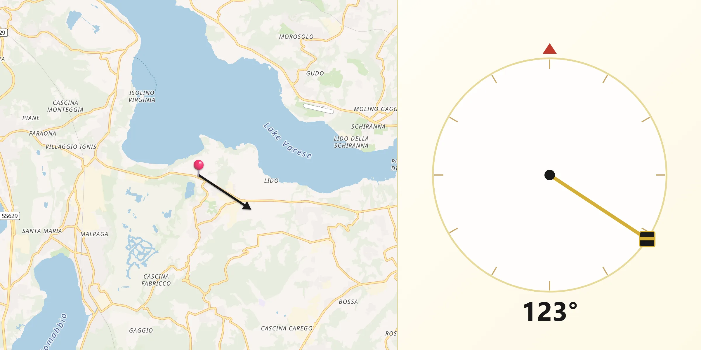 Direzione della Qibla da Cazzago Brabbia