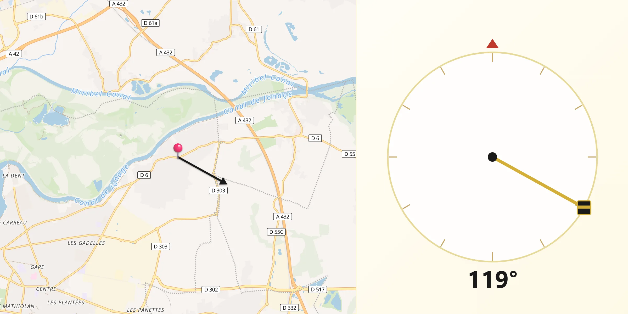 Direction vers la Qibla depuis Jonage