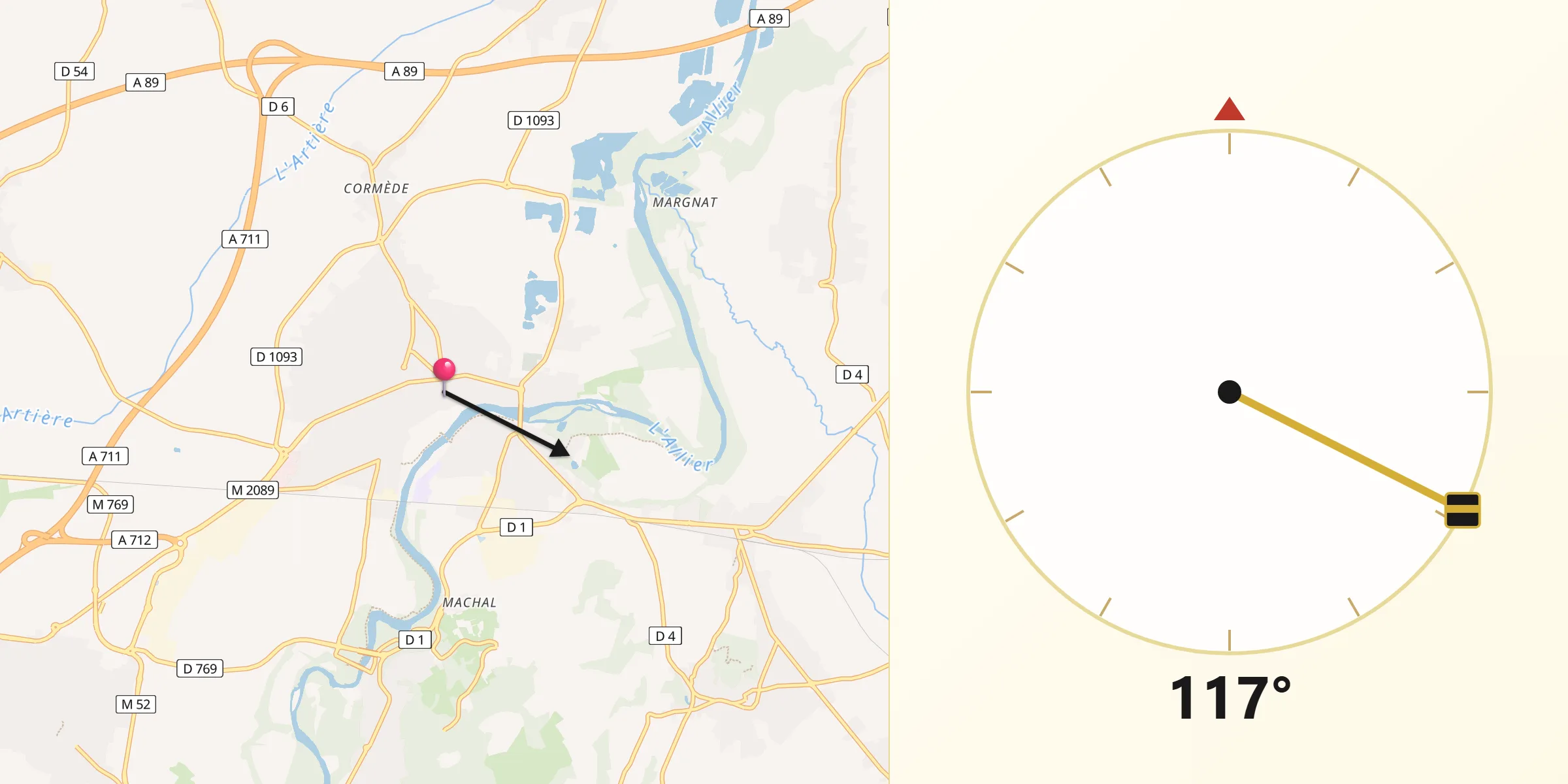 Direction vers la Qibla depuis Pont-du-Château