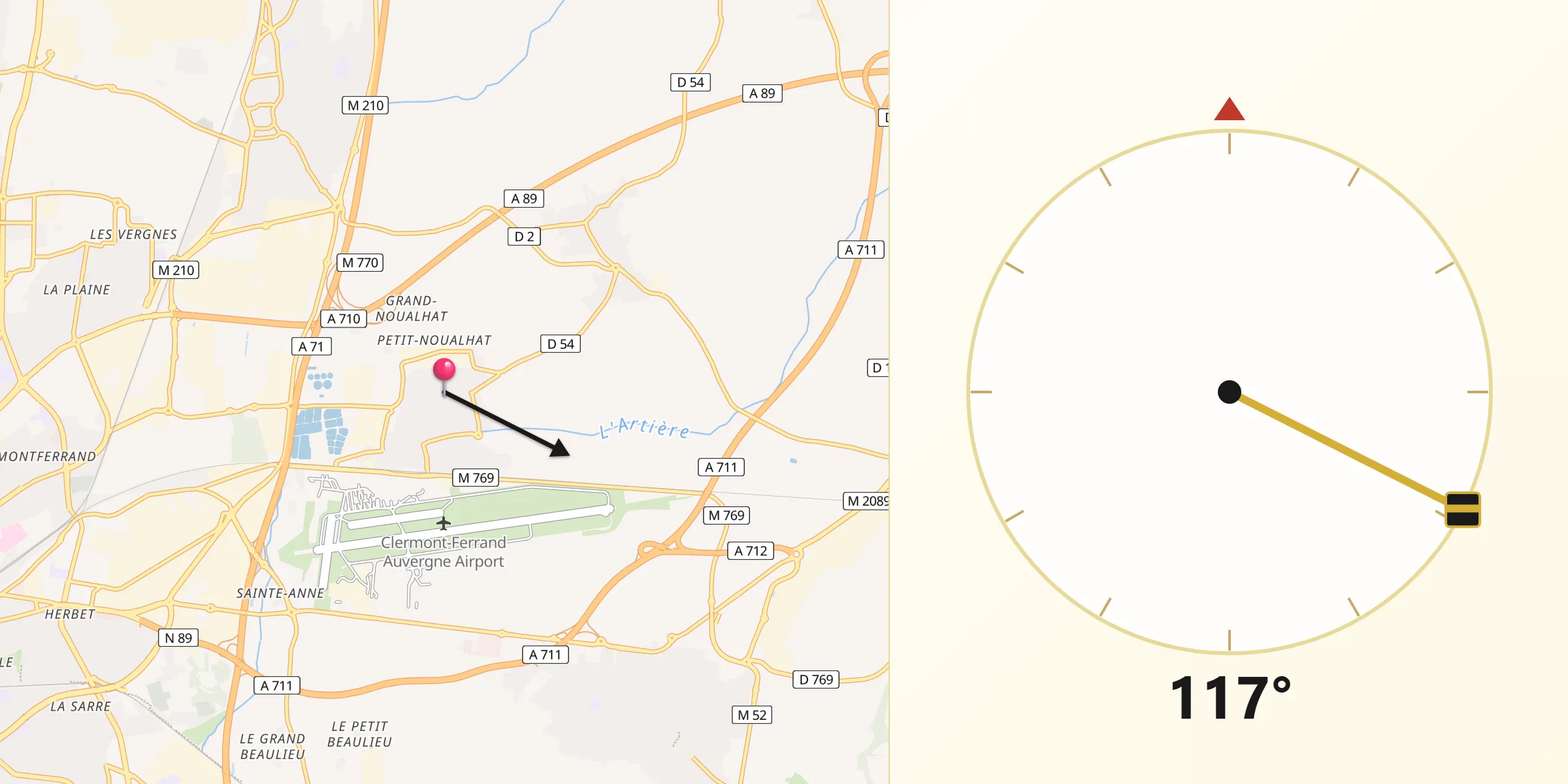 Direction vers la Qibla depuis Aulnat