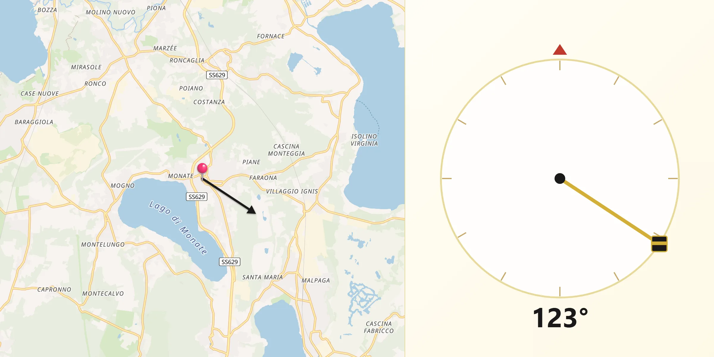 Direzione della Qibla da Travedona Monate