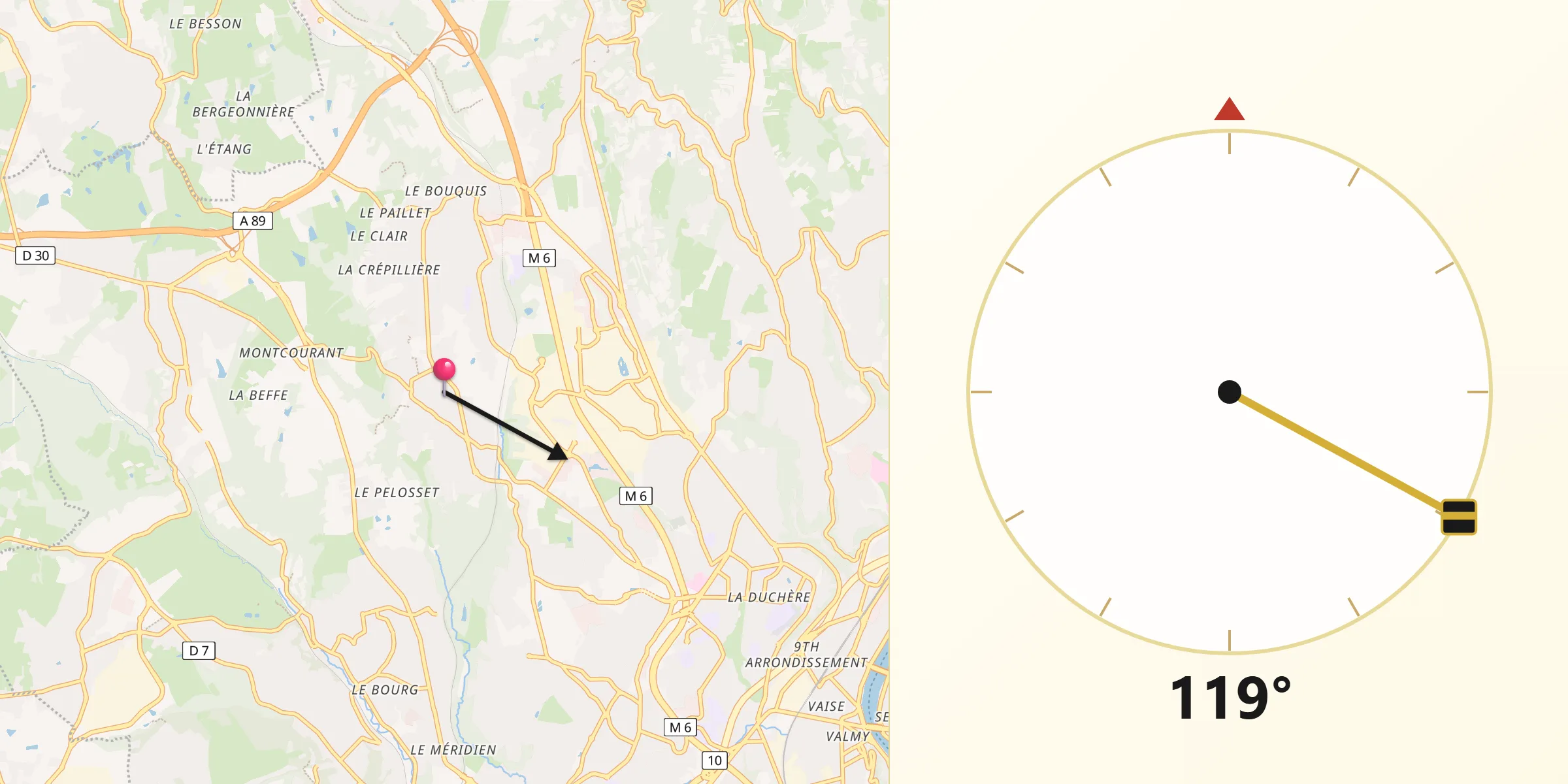 Direction vers la Qibla depuis Dardilly