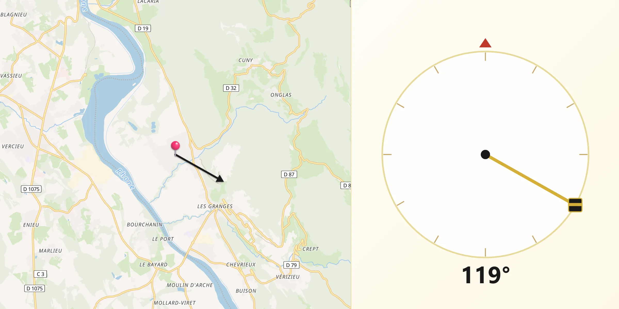Direction vers la Qibla depuis Serrières-de-Briord