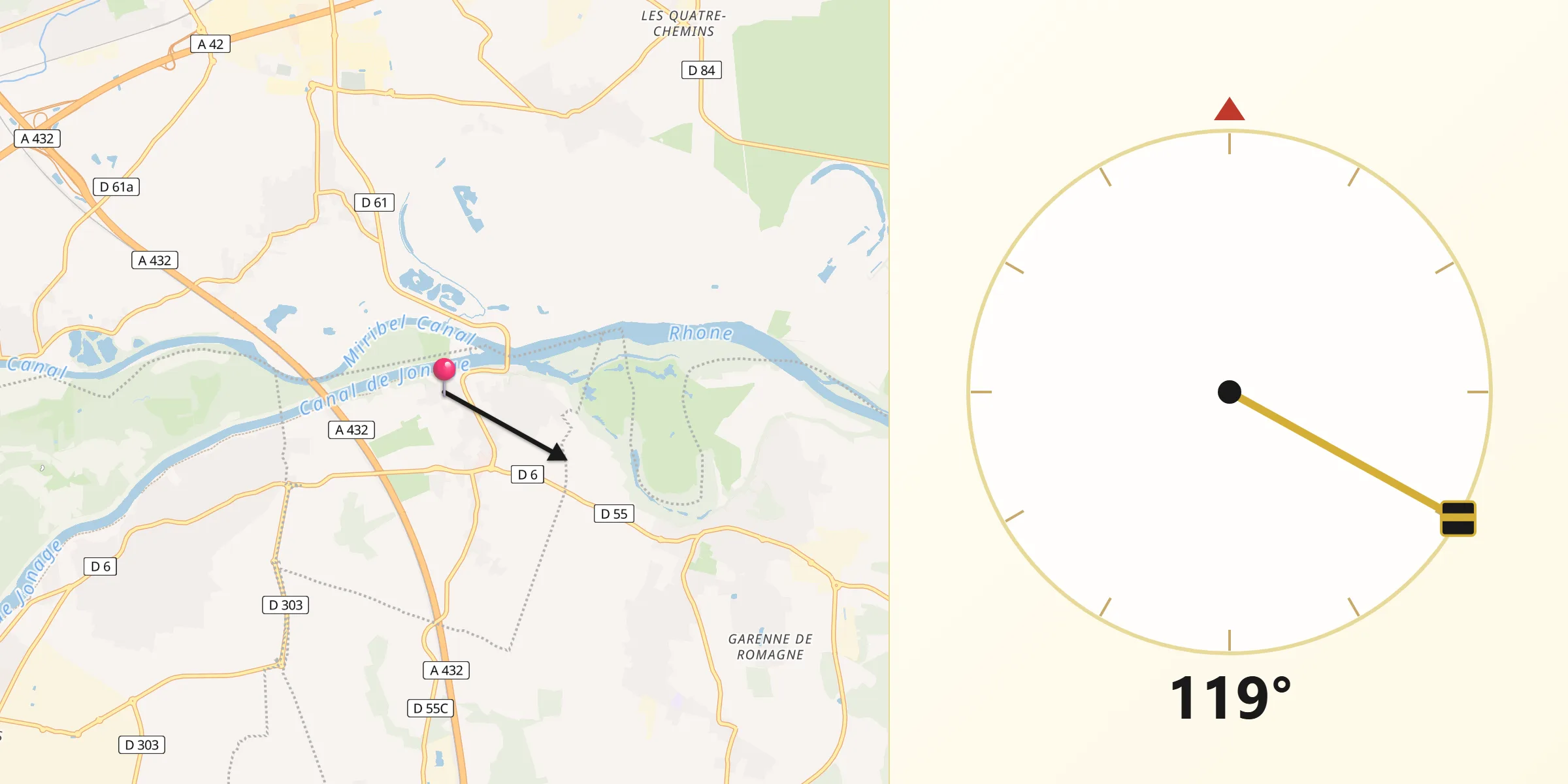 Direction vers la Qibla depuis Jons