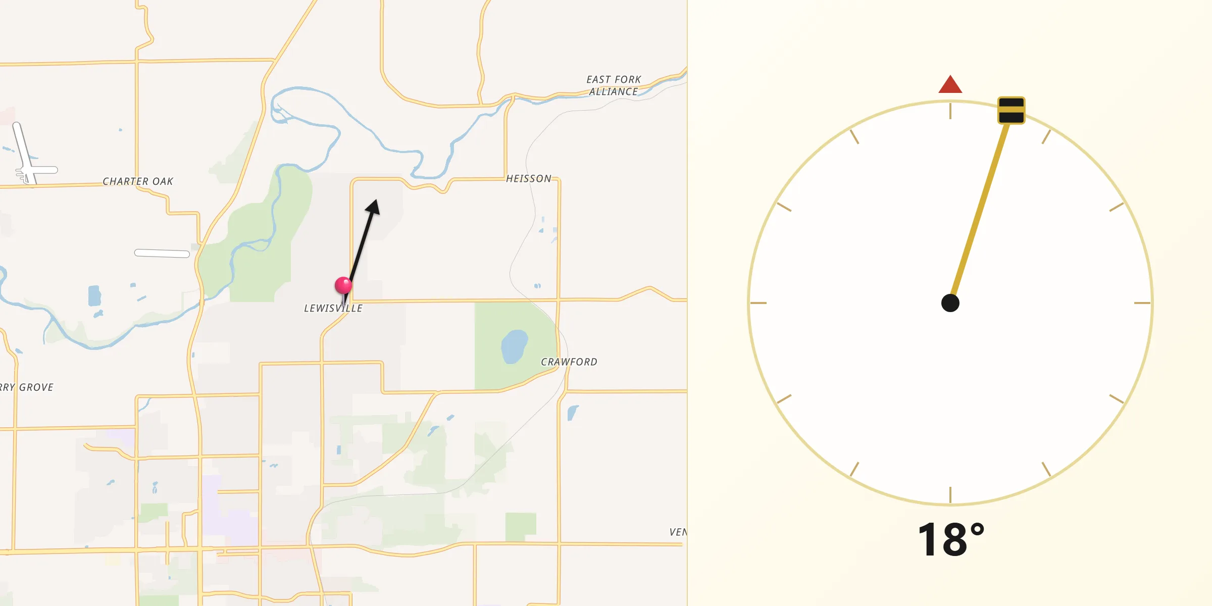 Dirección de la Qibla desde Lewisville