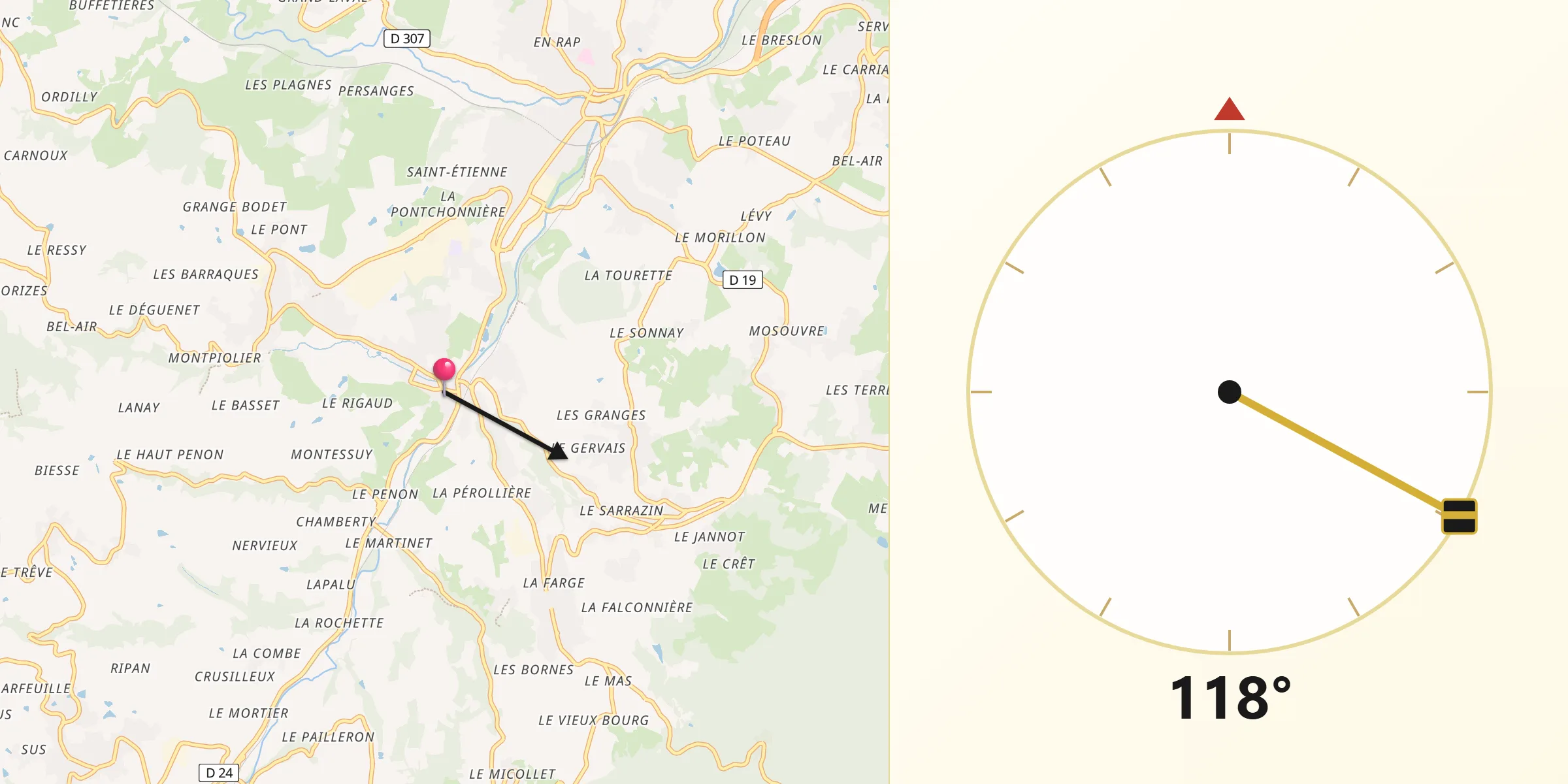 Direction vers la Qibla depuis Sain-Bel