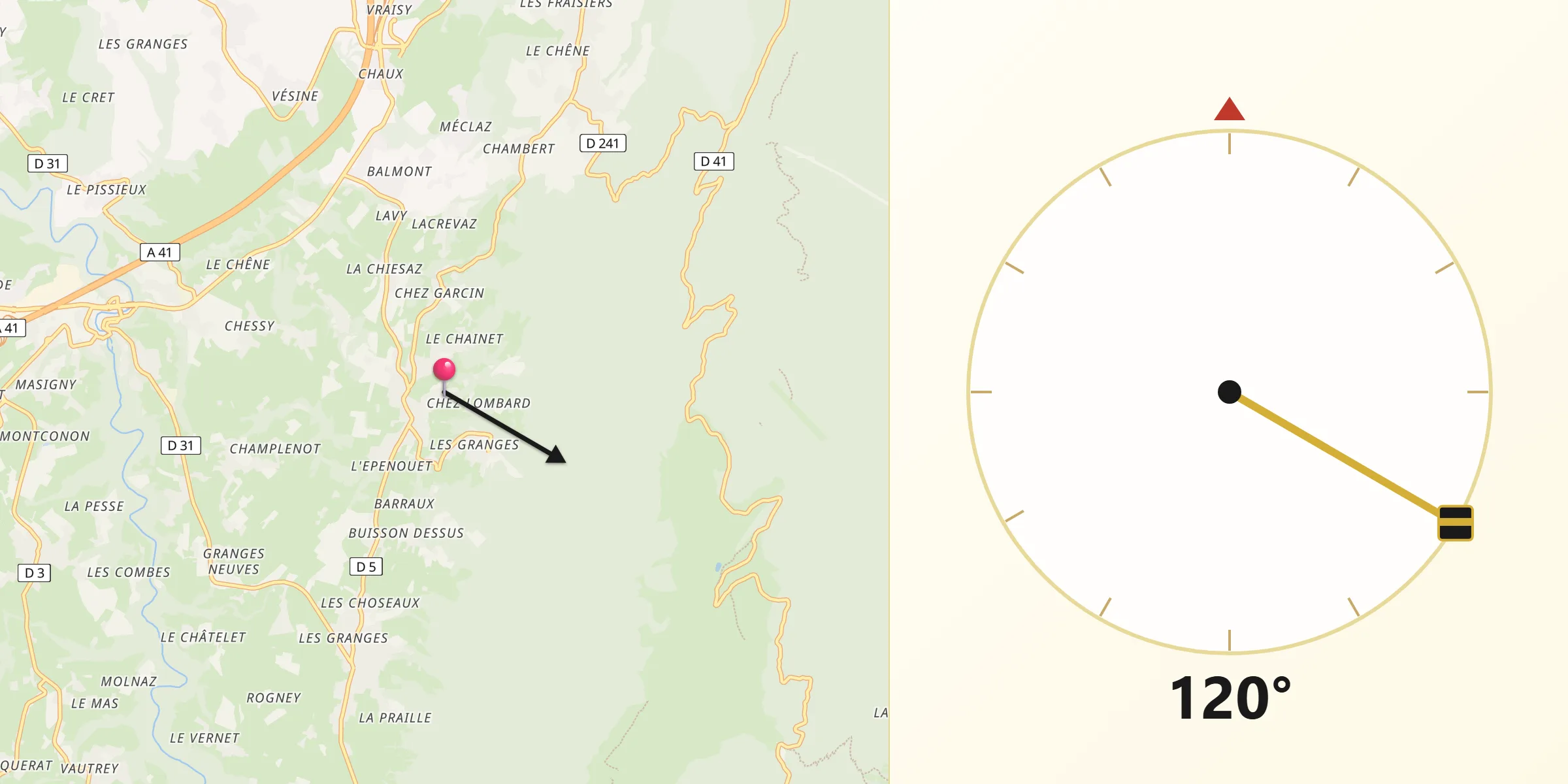 Direction vers la Qibla depuis Viuz-la-Chiésaz