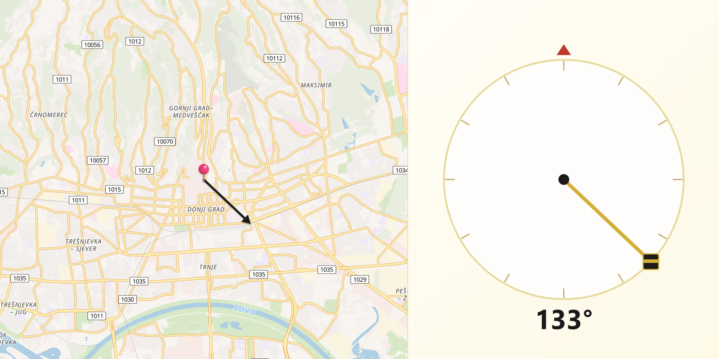 Qibla-Richtung von Zagreb