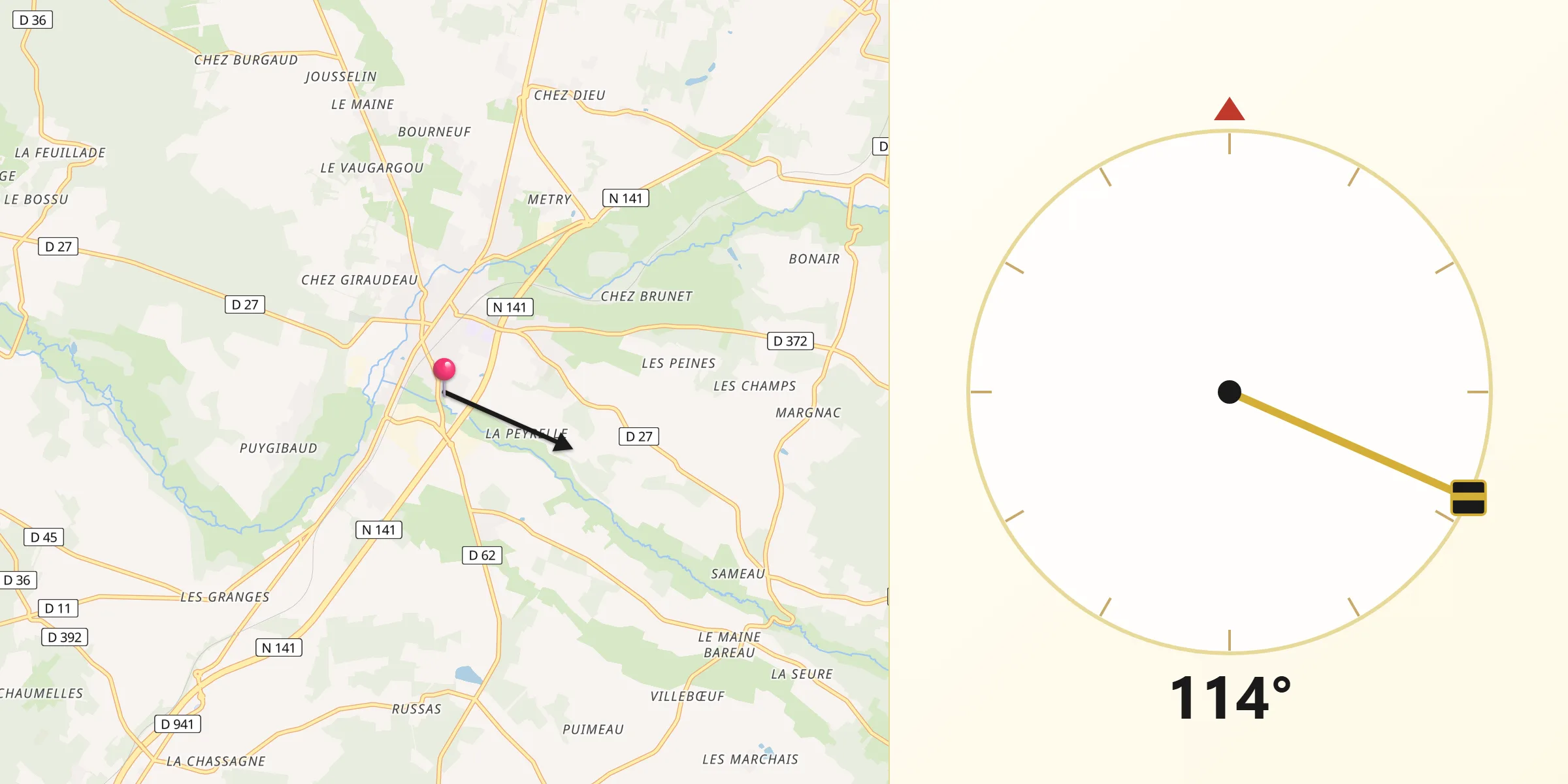 Direction vers la Qibla depuis Chasseneuil-sur-Bonnieure