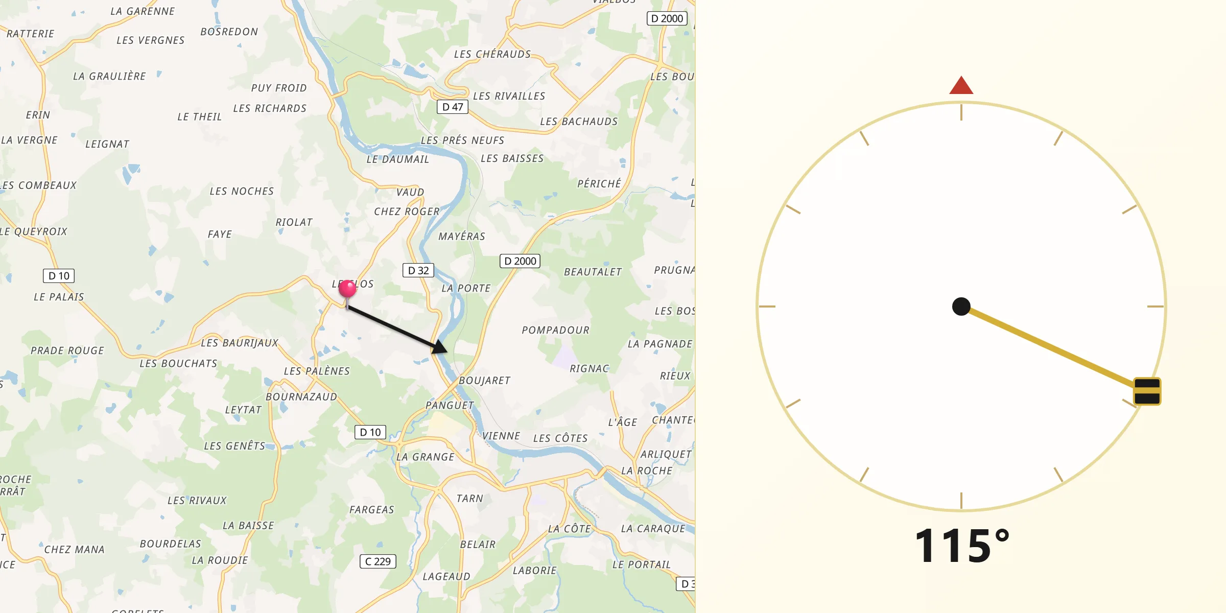 Direction vers la Qibla depuis Saint-Priest-sous-Aixe