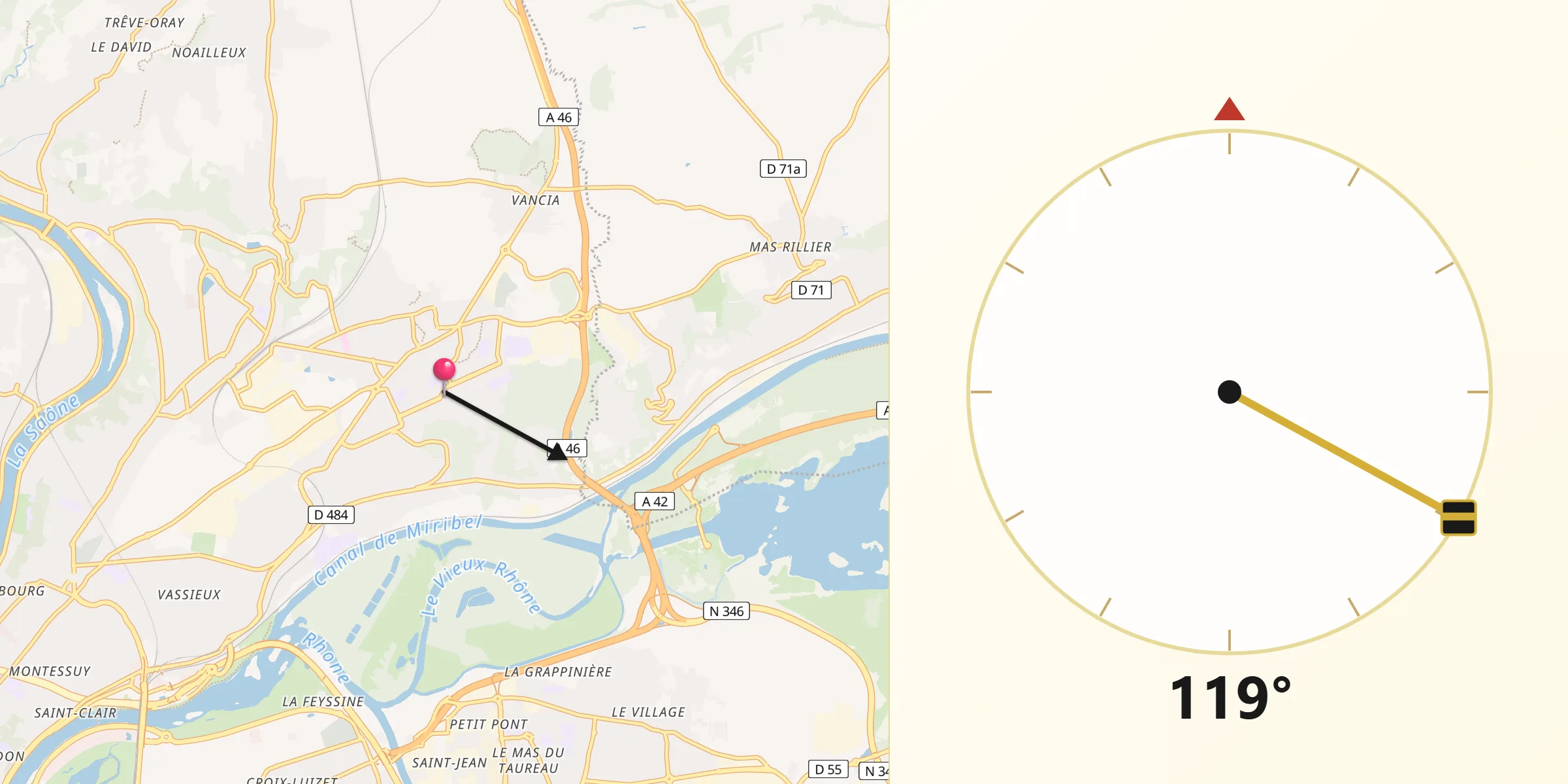 Direction vers la Qibla depuis Rillieux-la-Pape