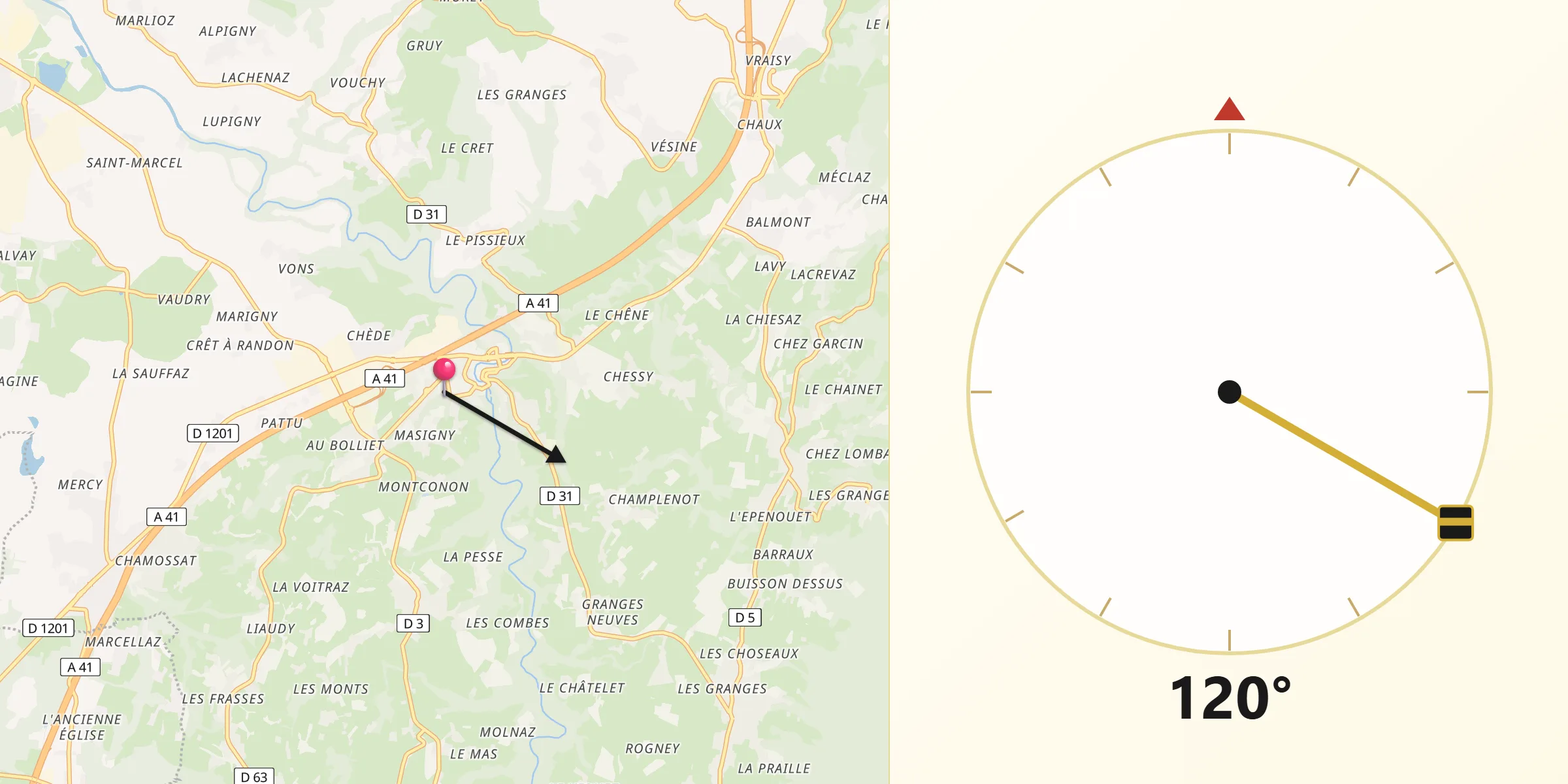Direction vers la Qibla depuis Alby-sur-Chéran