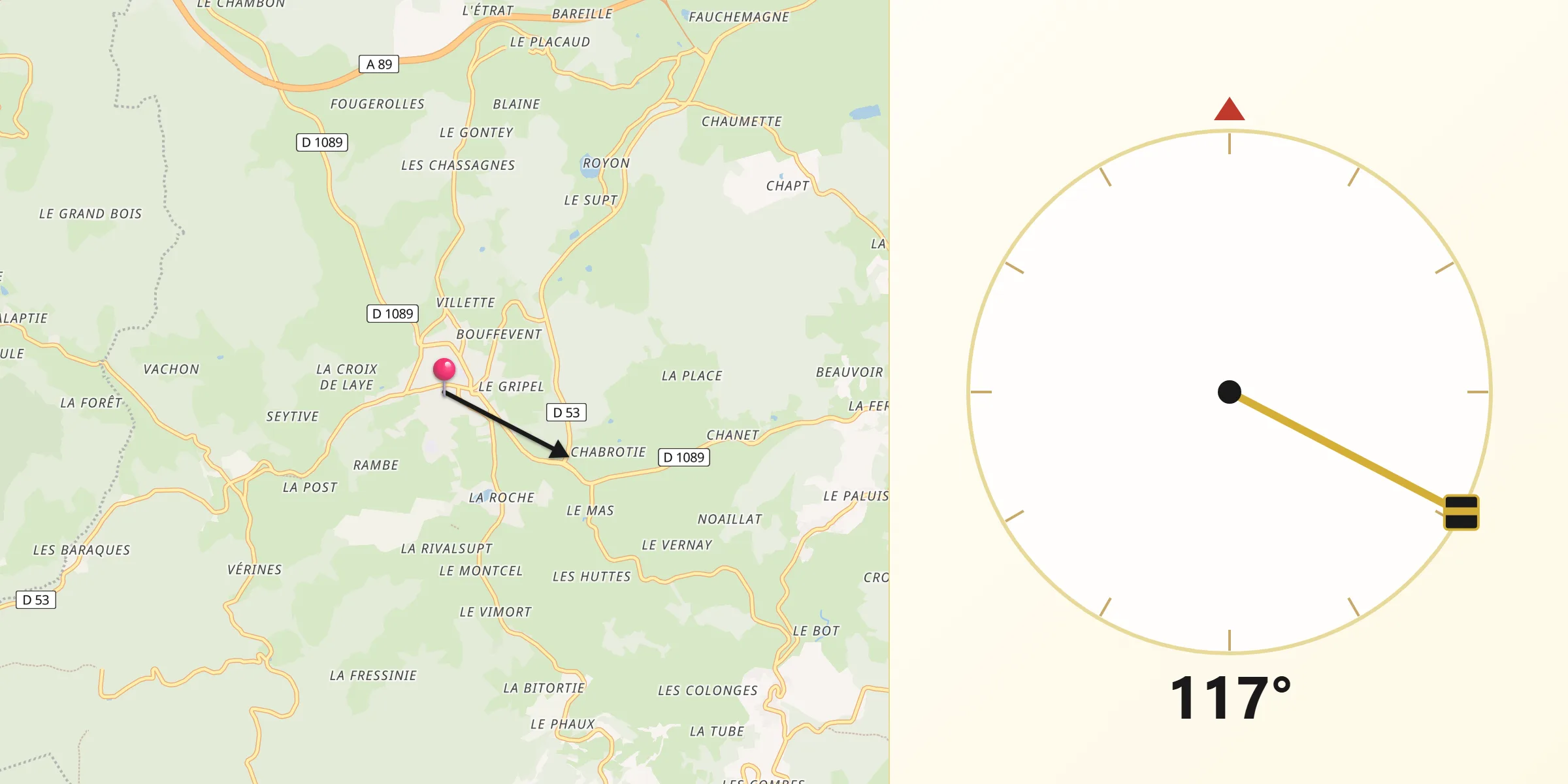 Direction vers la Qibla depuis Noirétable