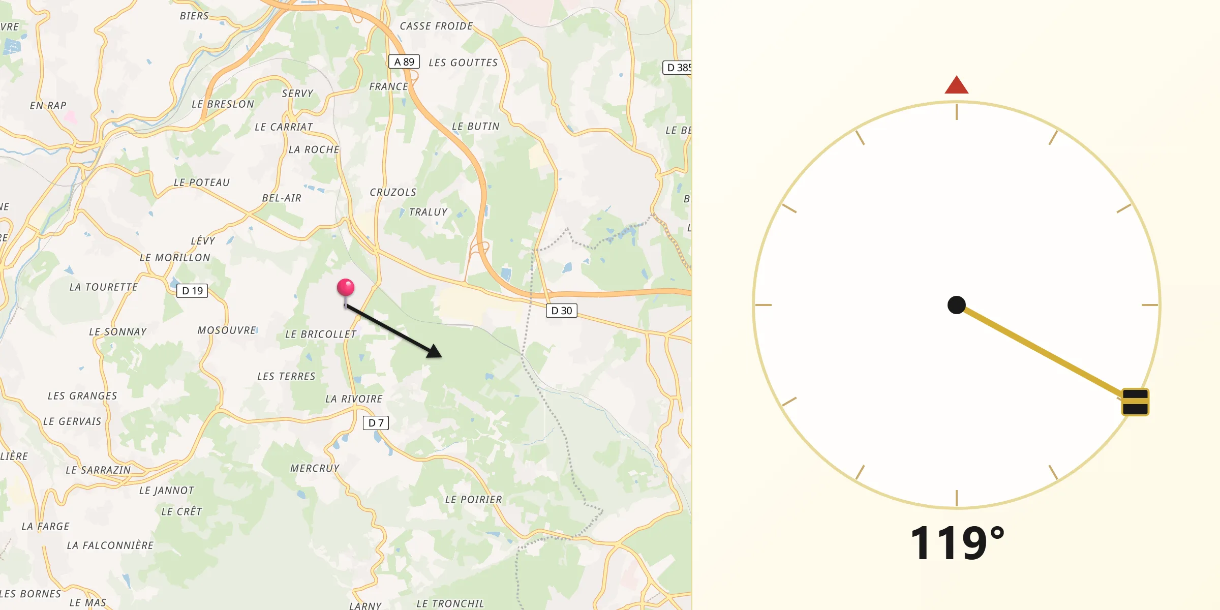 Direction vers la Qibla depuis Lentilly