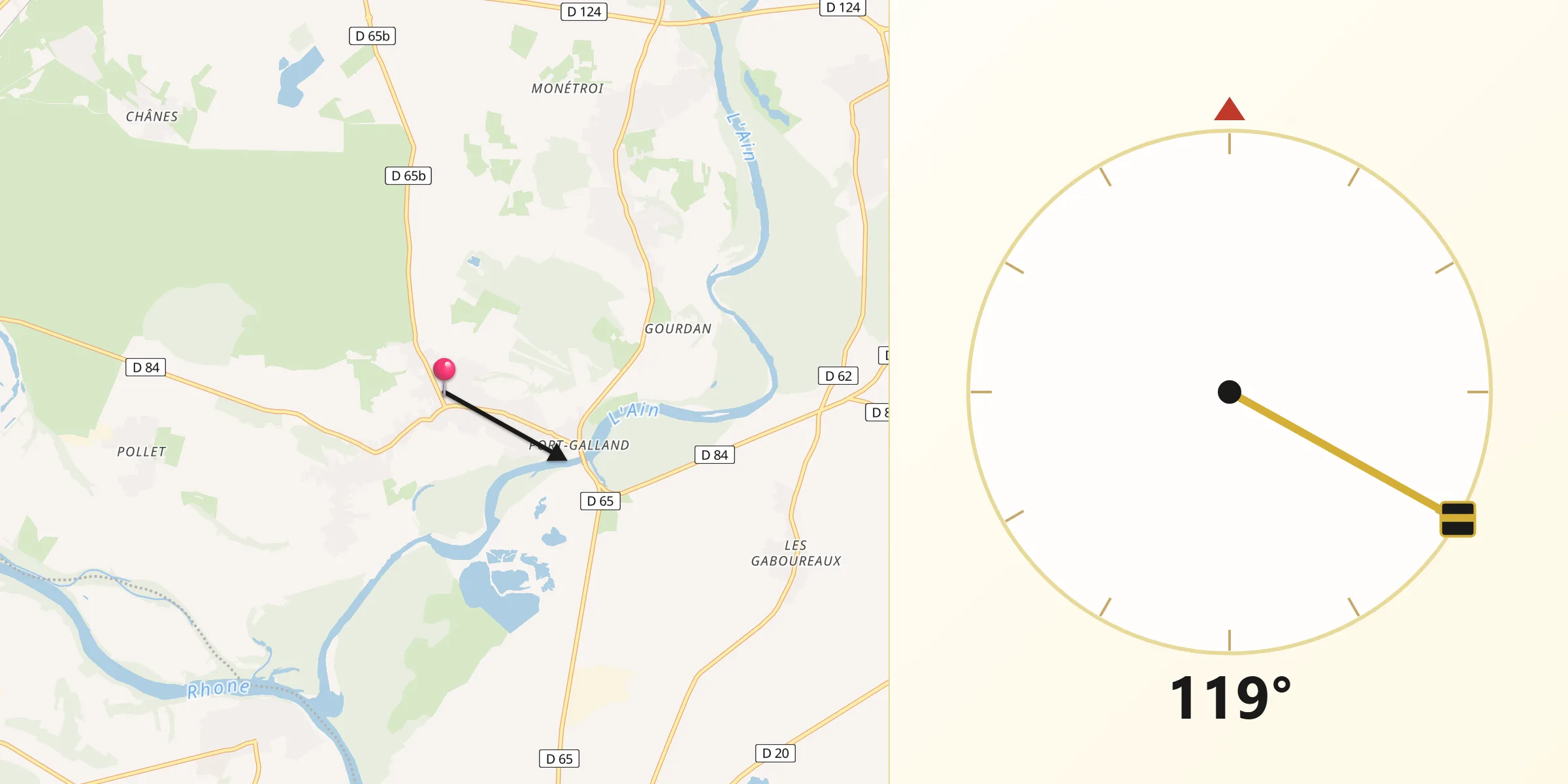 Direction vers la Qibla depuis Saint-Maurice-de-Gourdans