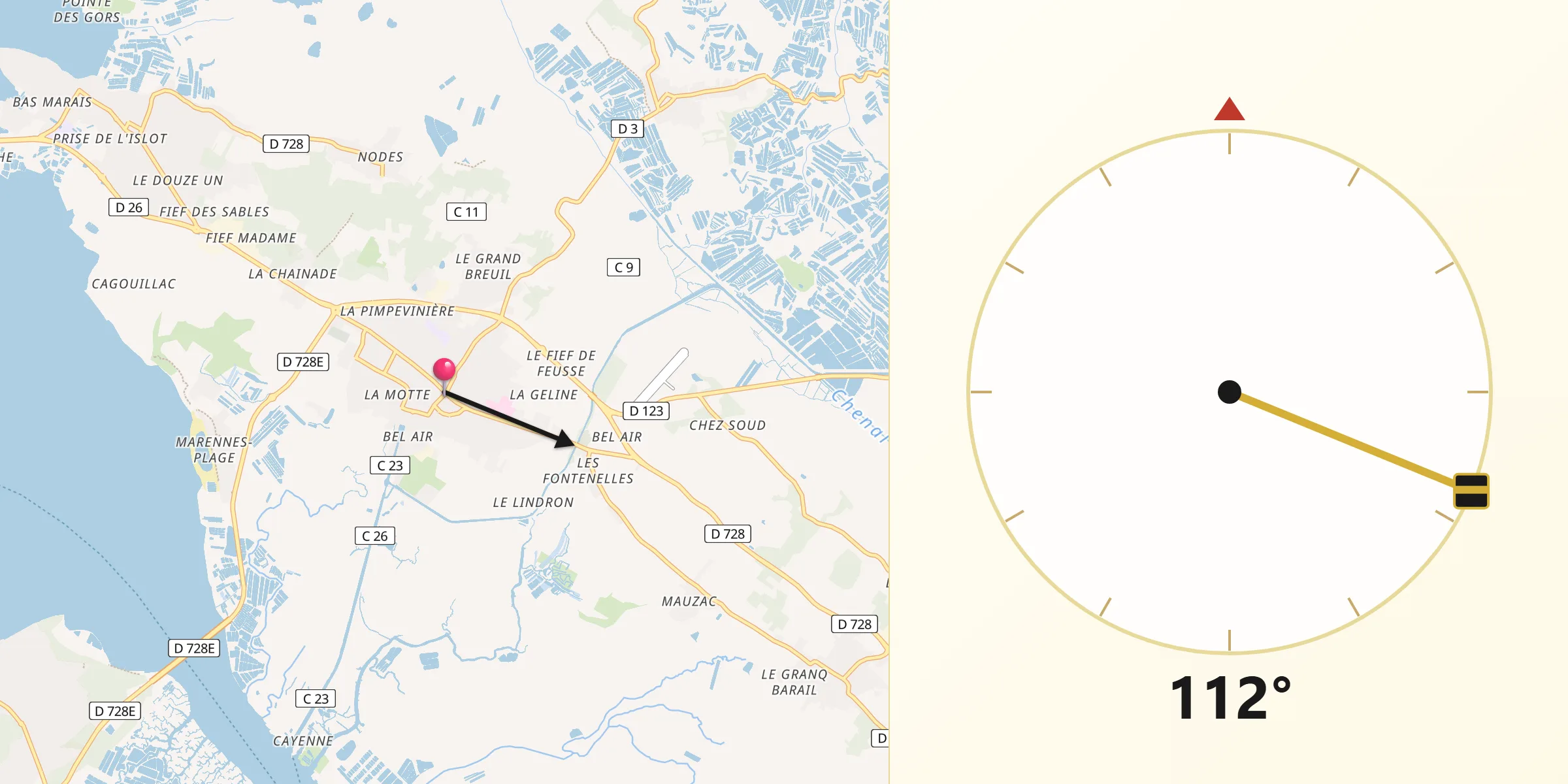 Direction vers la Qibla depuis Marennes