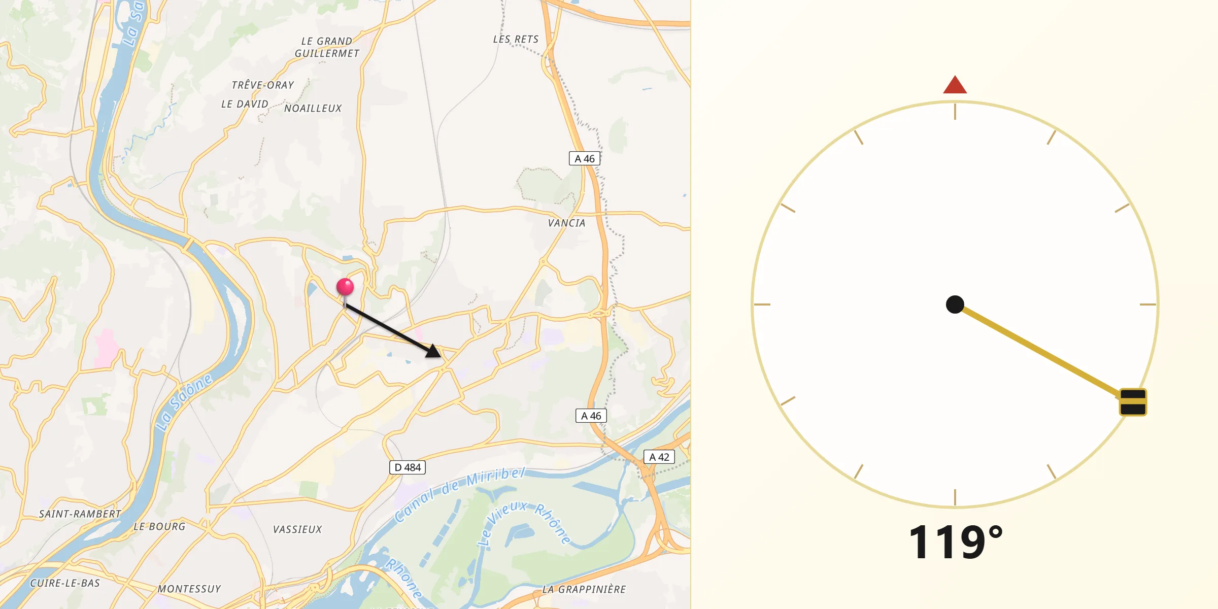 Direction vers la Qibla depuis Sathonay-Camp