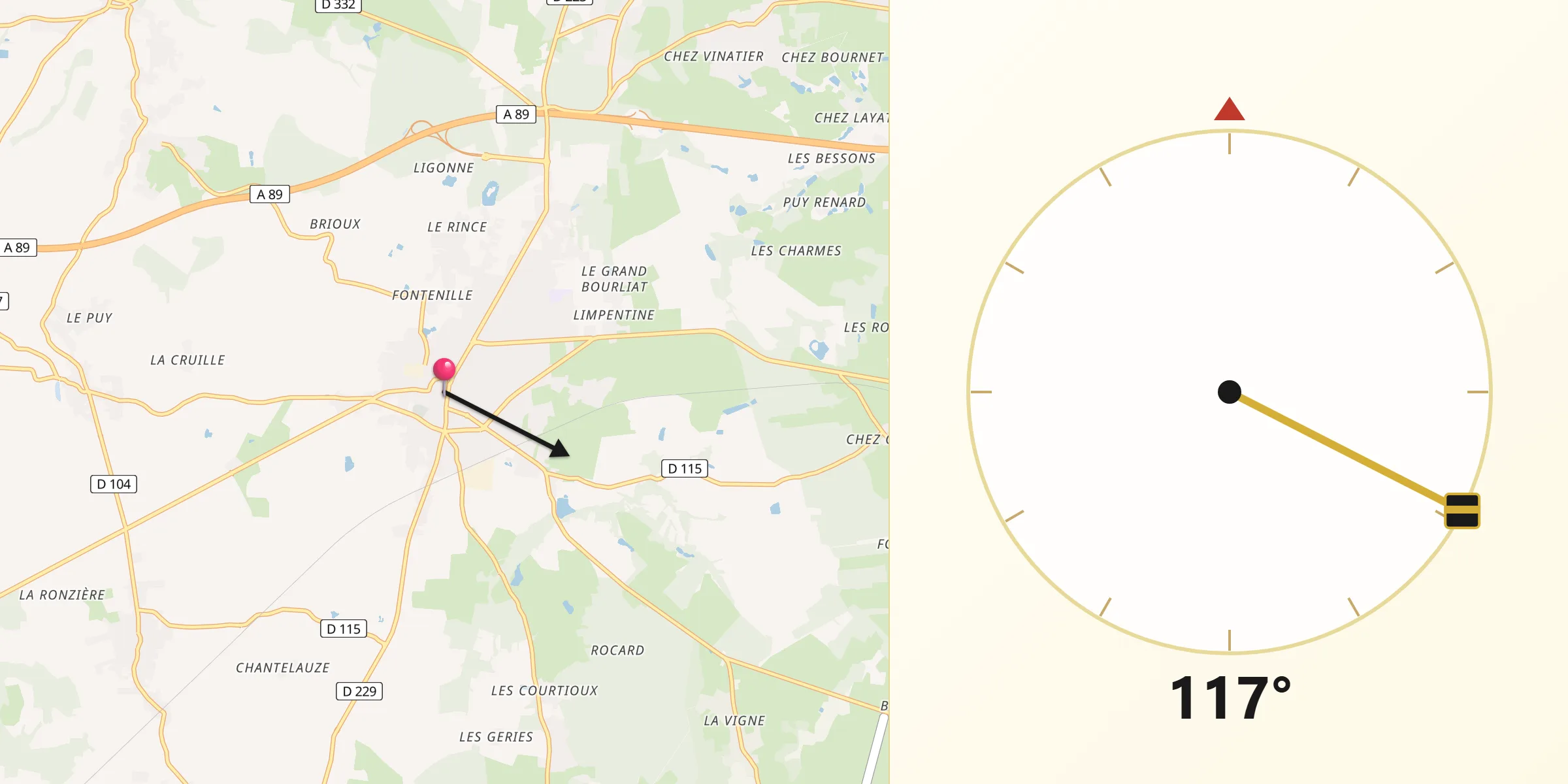 Direction vers la Qibla depuis Lezoux