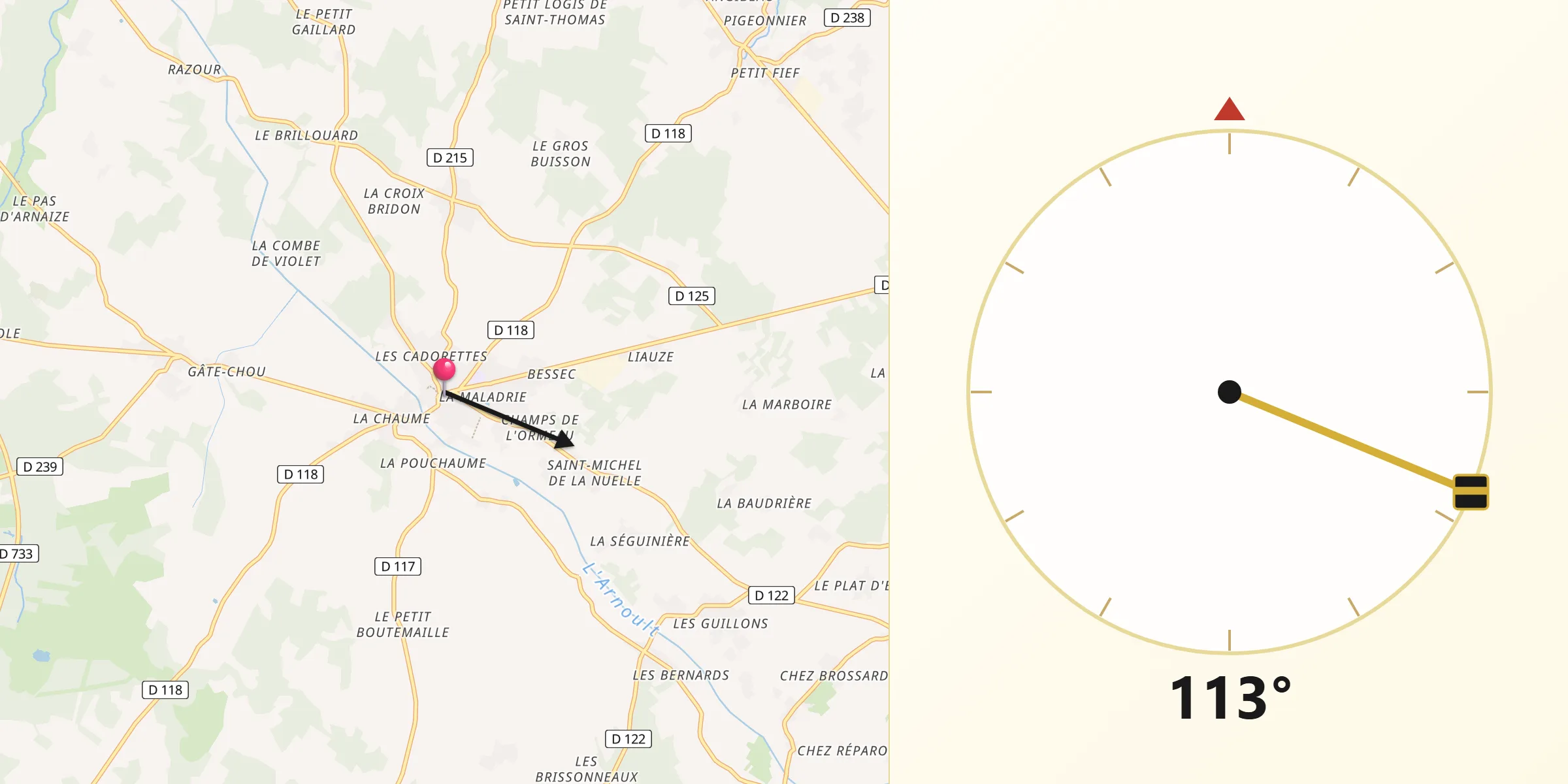 Direction vers la Qibla depuis Pont-l’Abbé-d’Arnoult