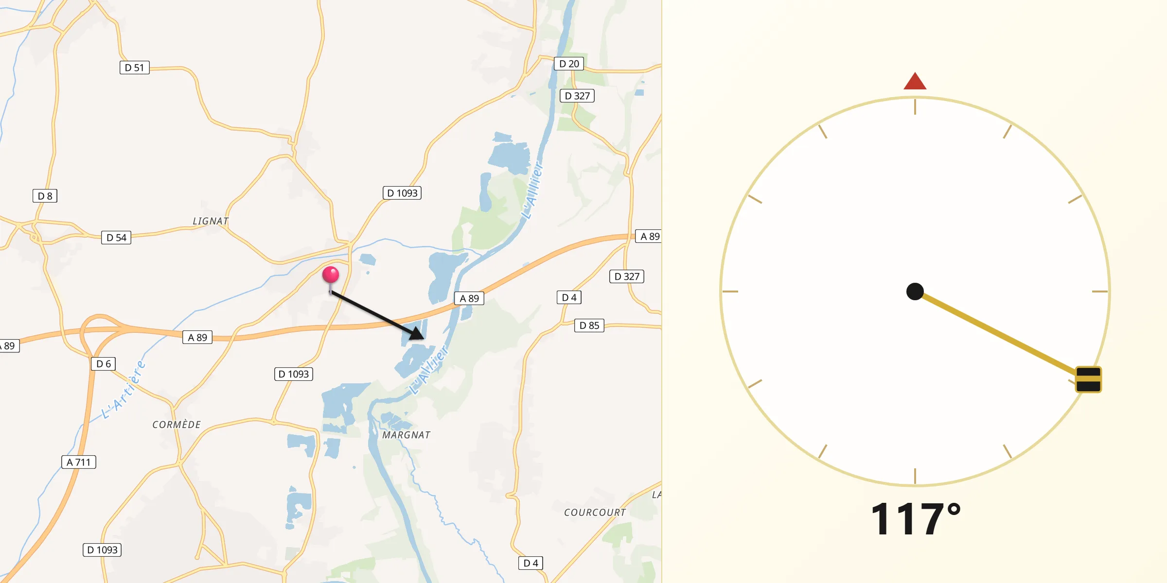 Direction vers la Qibla depuis Les Martres-d'Artière