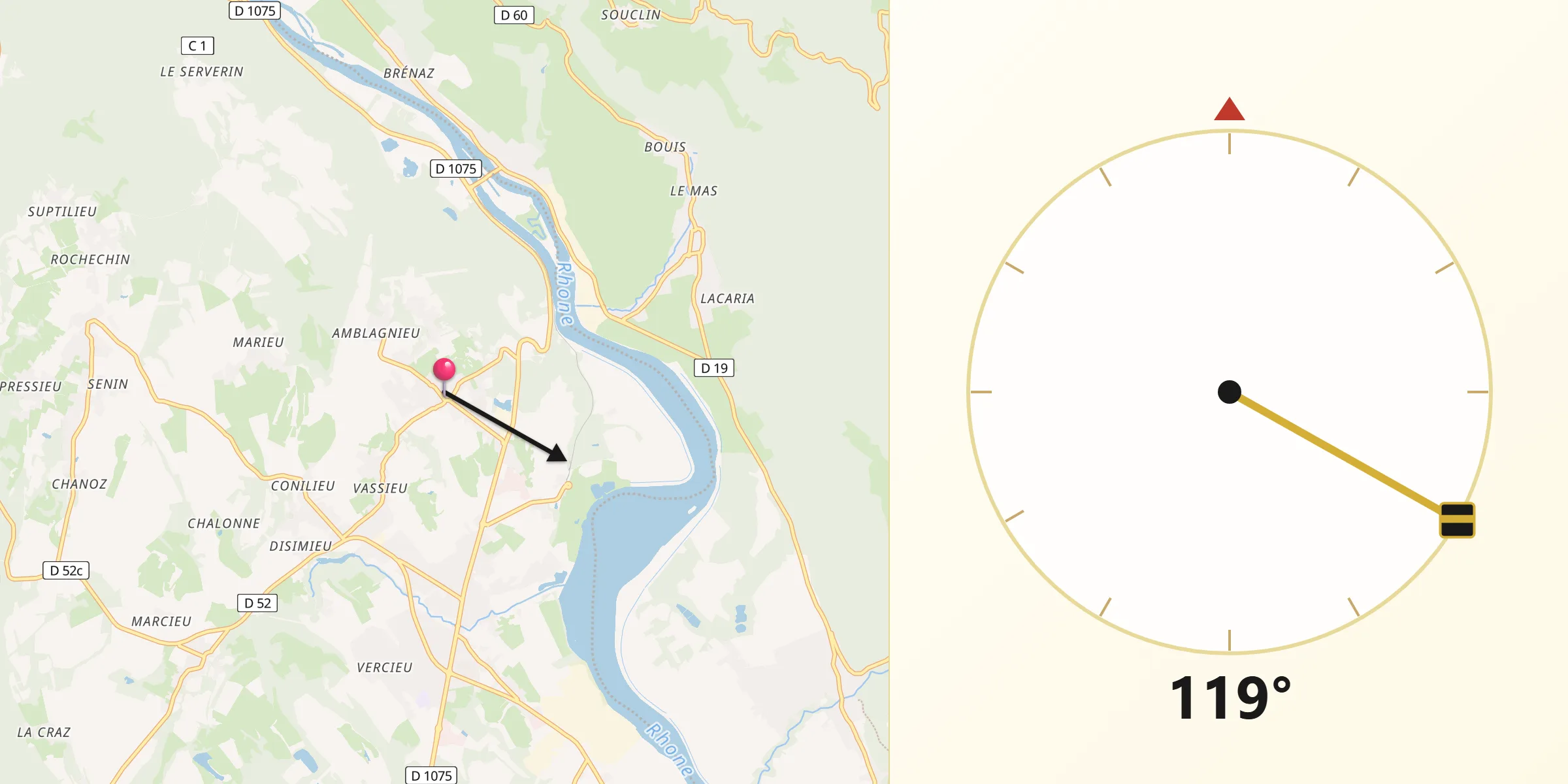 Direction vers la Qibla depuis Porcieu