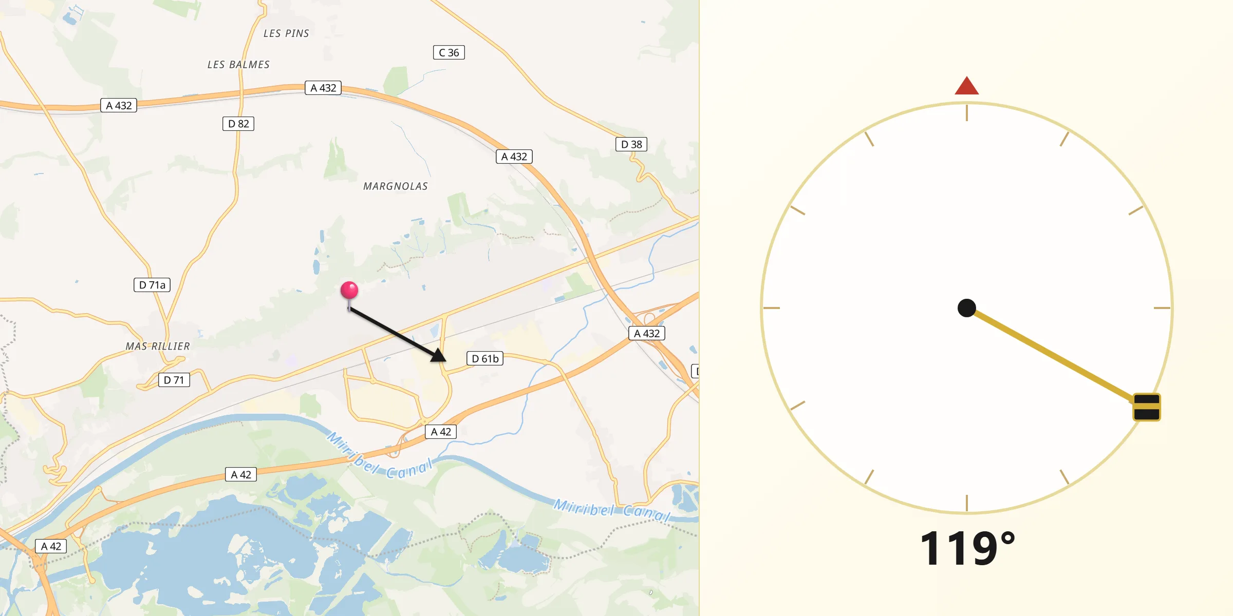 Direction vers la Qibla depuis Saint-Maurice-de-Beynost