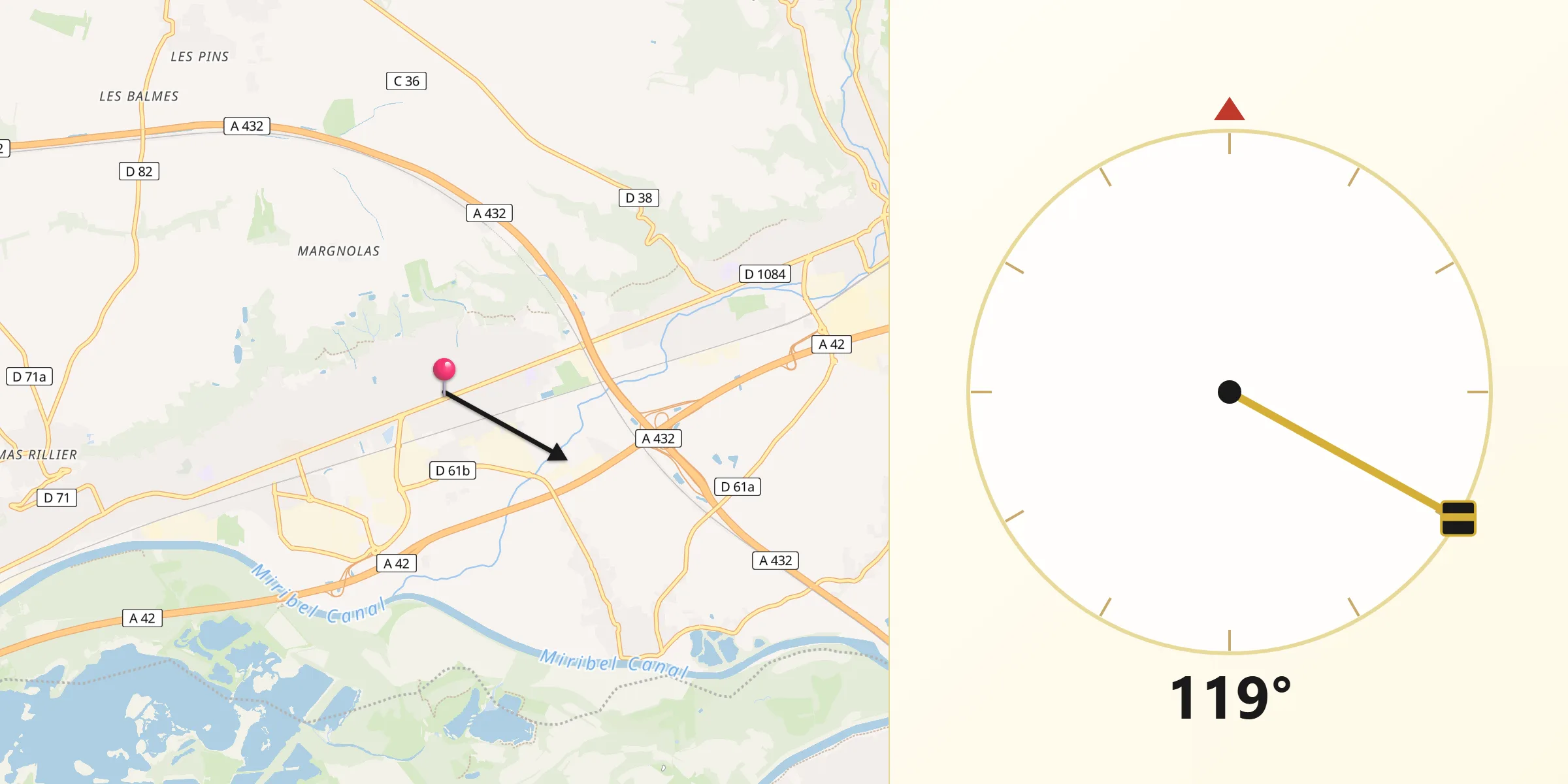 Direction vers la Qibla depuis Beynost