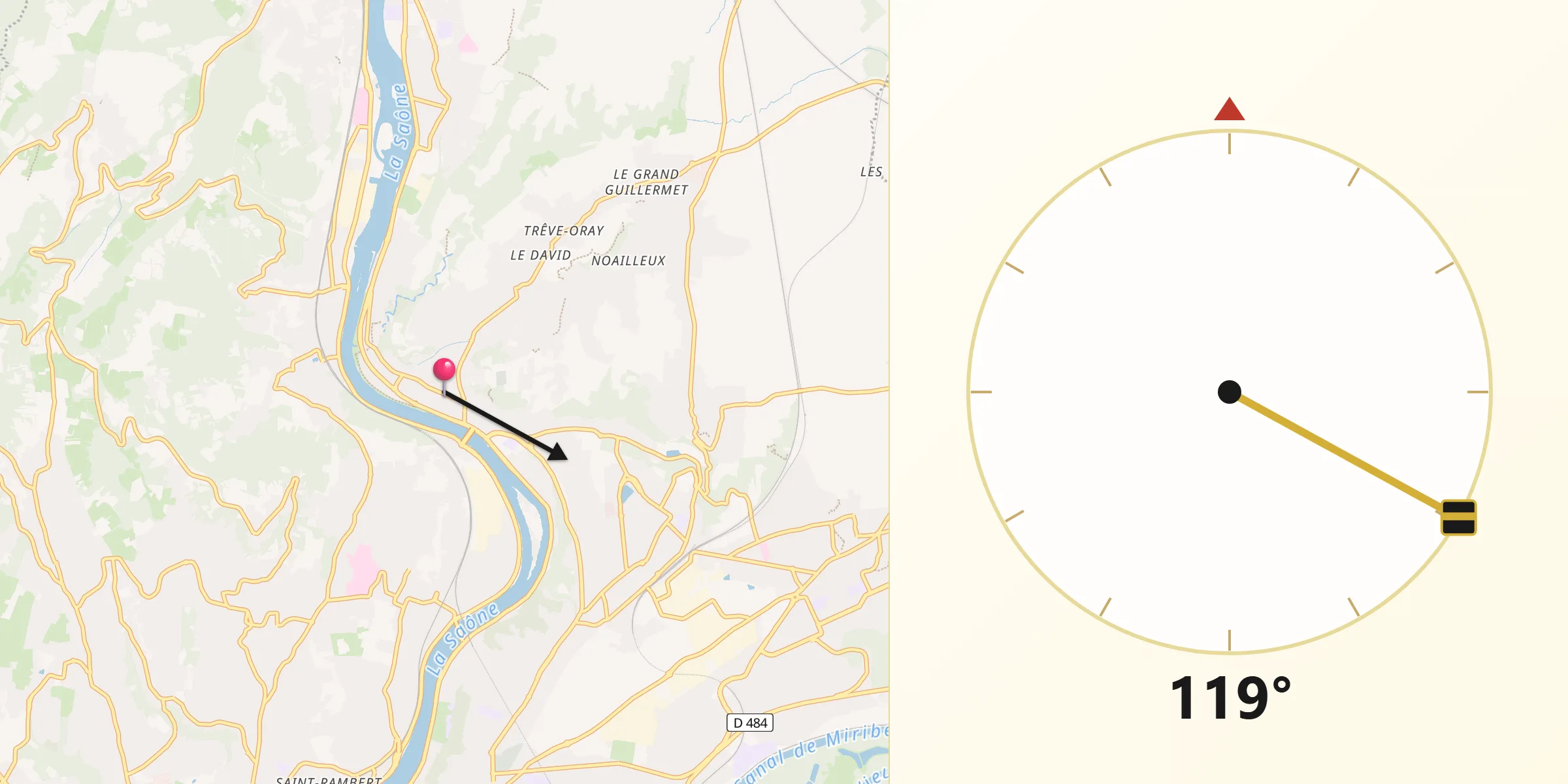 Direction vers la Qibla depuis Fontaines-sur-Saône