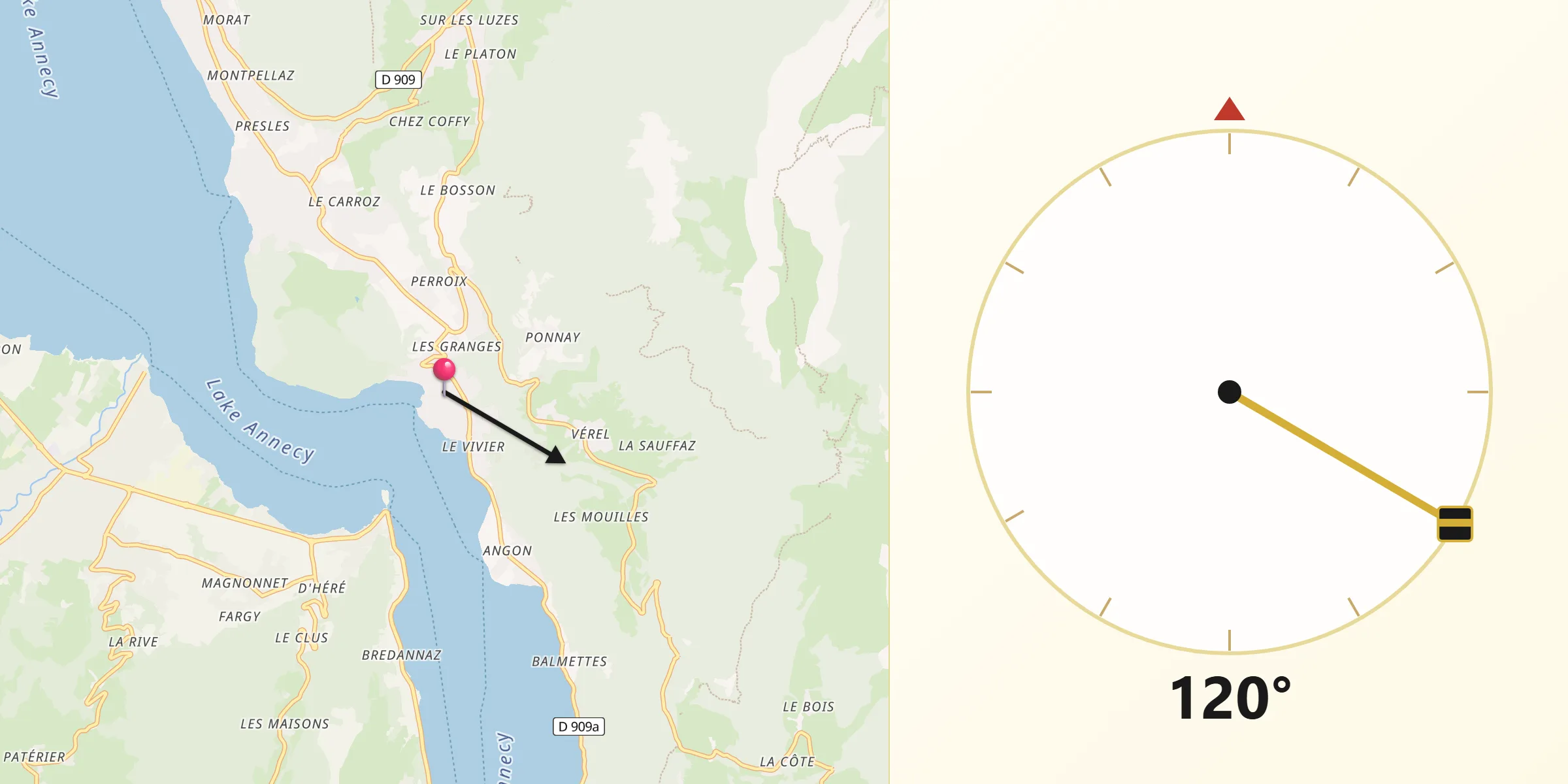 Direction vers la Qibla depuis Talloires