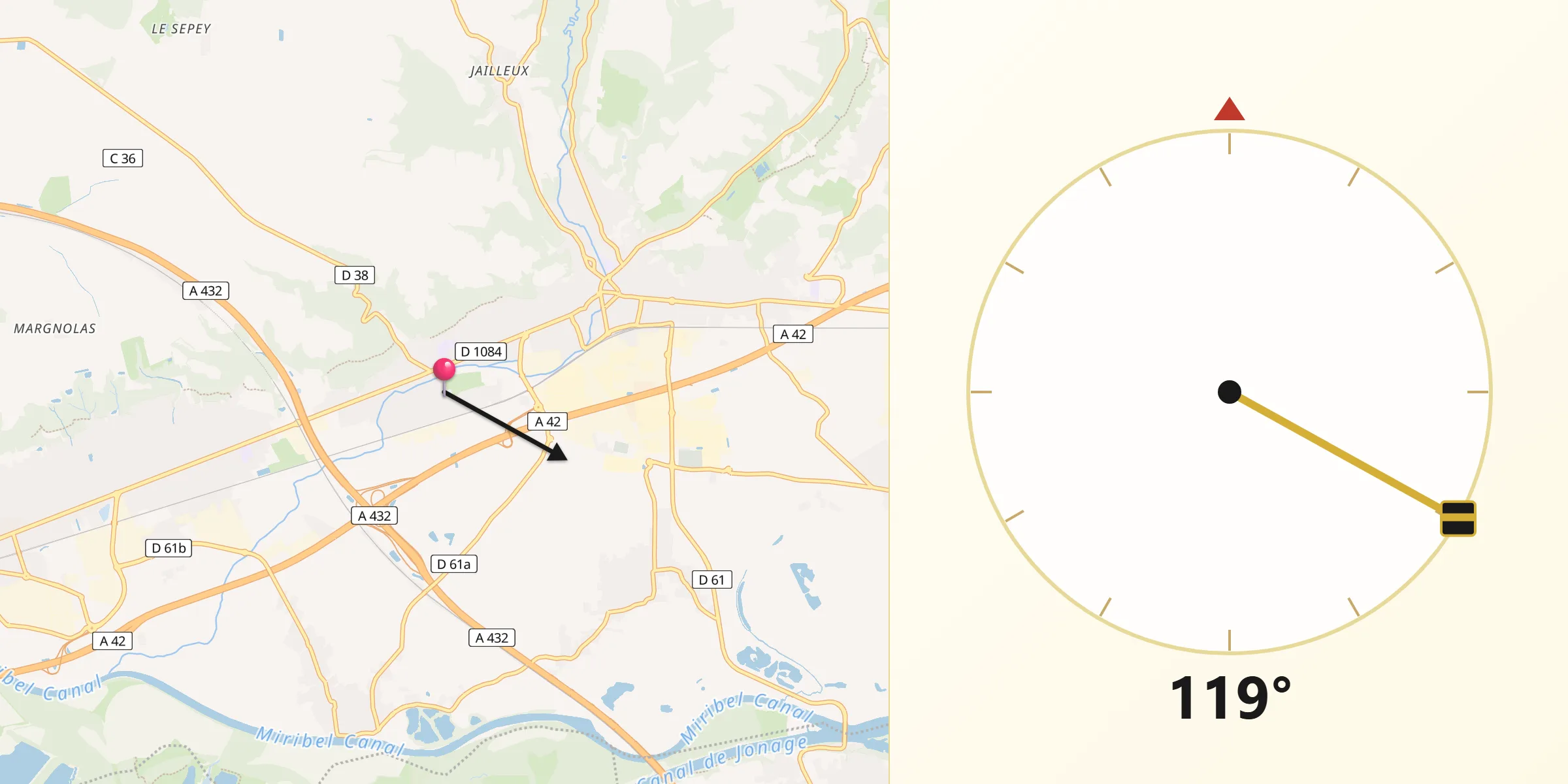 Direction vers la Qibla depuis La Boisse
