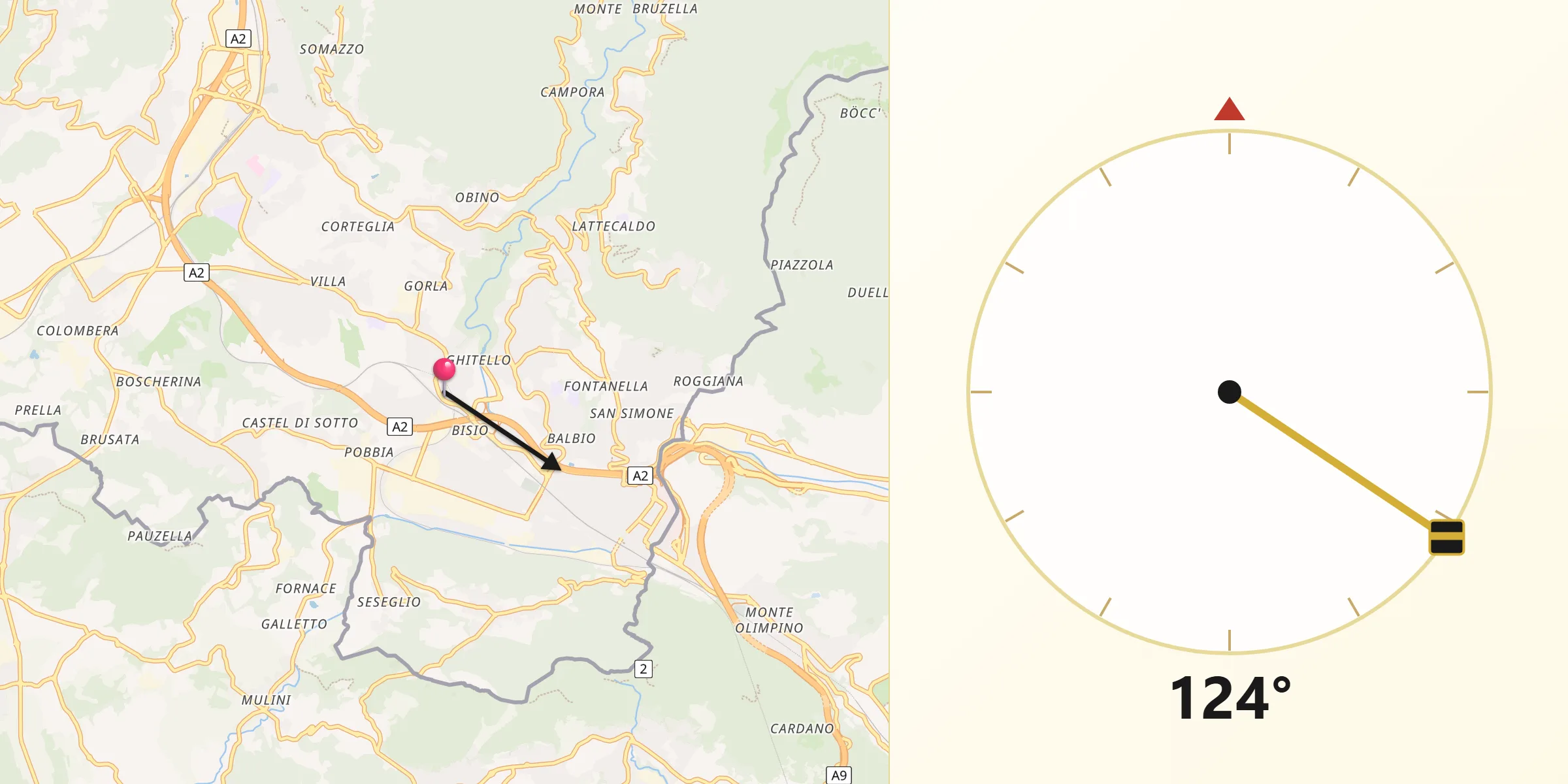 Direction vers la Qibla depuis Balerna