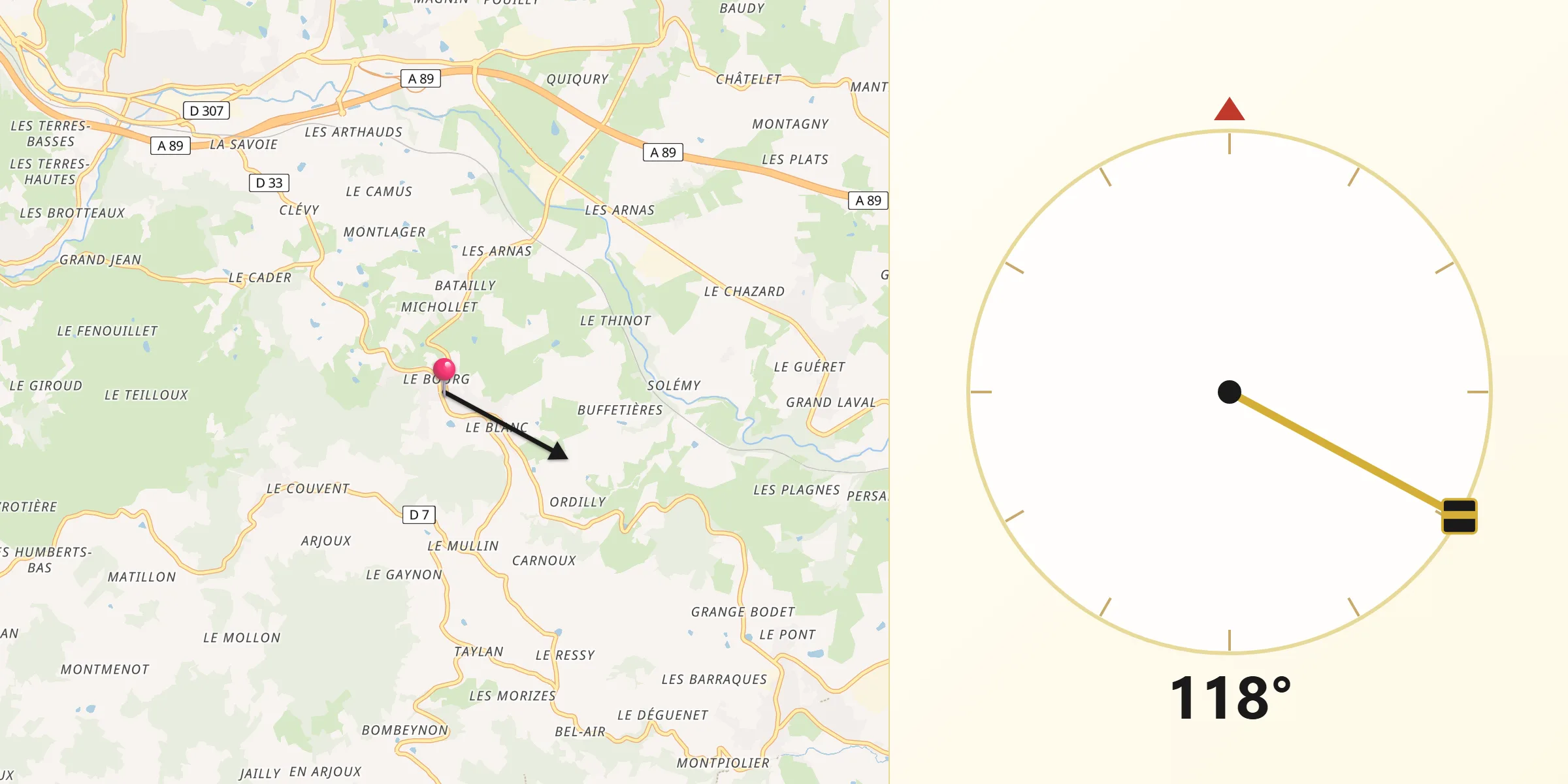 Direction vers la Qibla depuis Saint-Romain-de-Popey