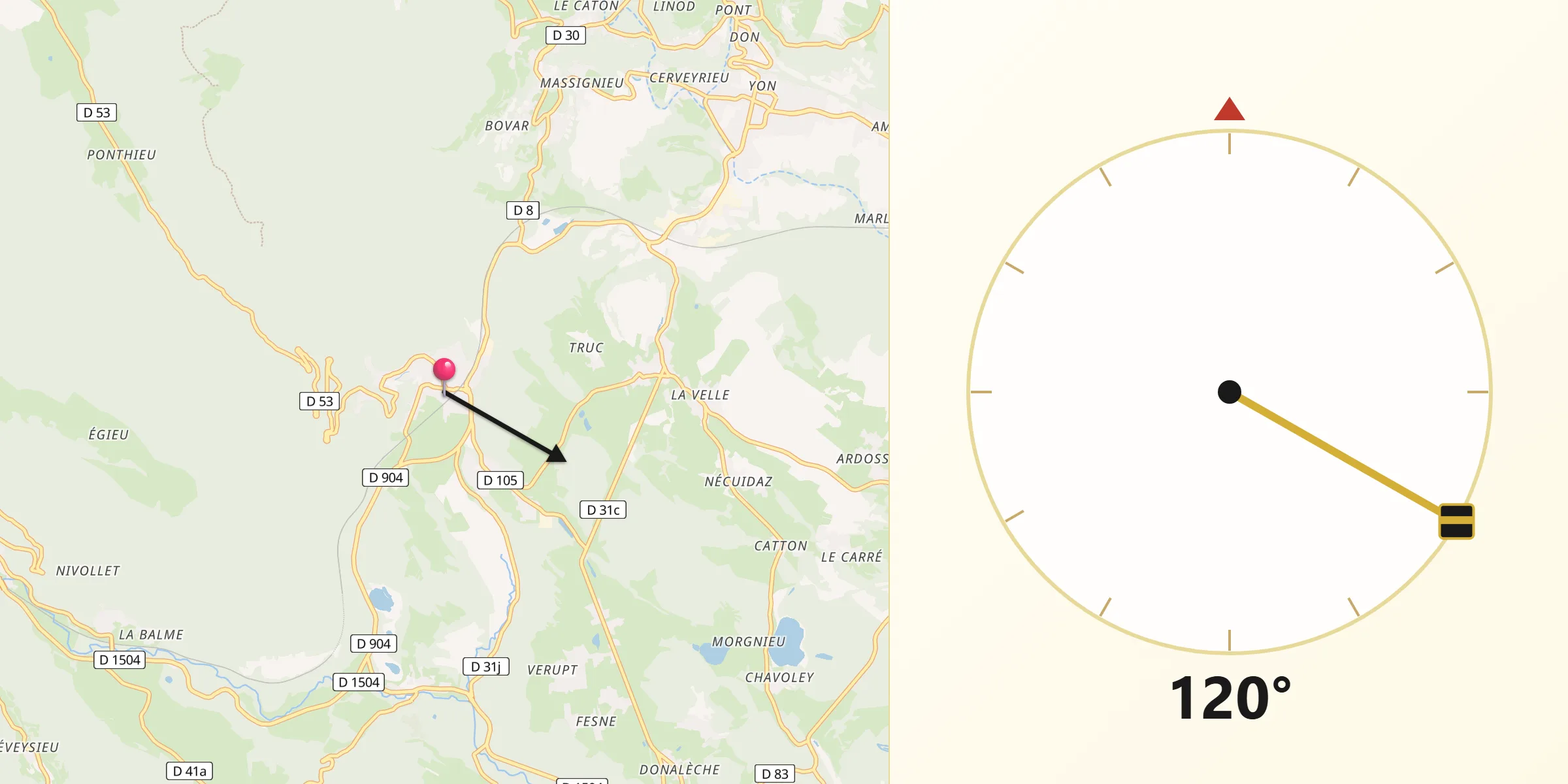 Direction vers la Qibla depuis Virieu-le-Grand