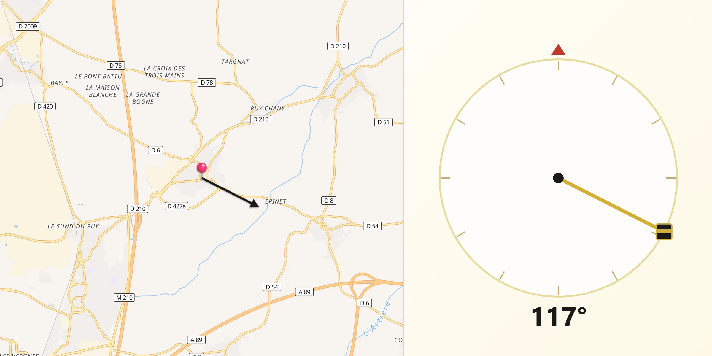 Direction vers la Qibla depuis Saint-Beauzire