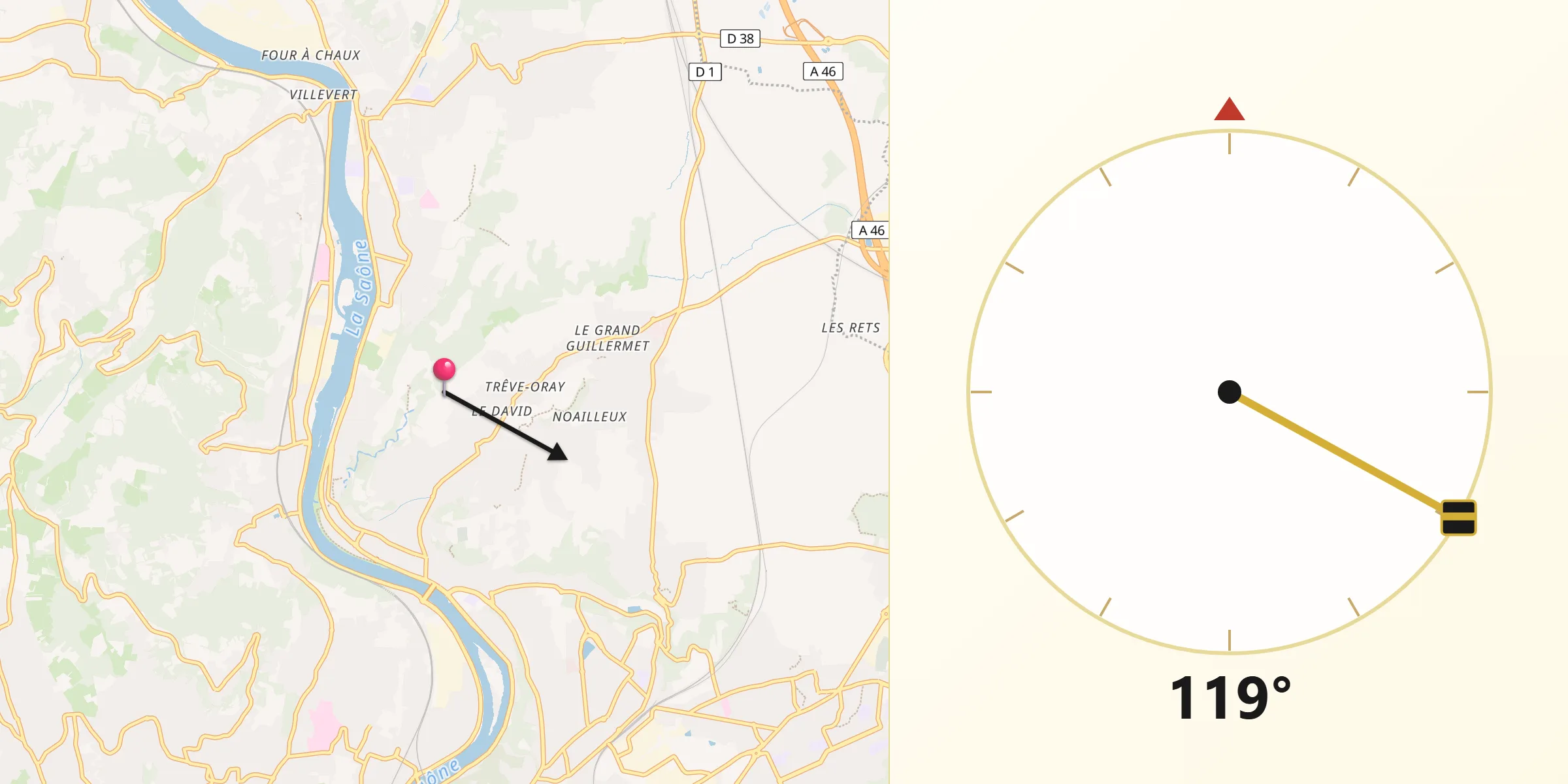 Direction vers la Qibla depuis Rochetaillée-sur-Saône