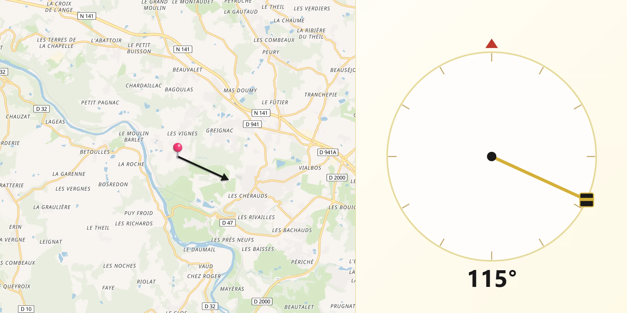 Direction vers la Qibla depuis Verneuil-sur-Vienne