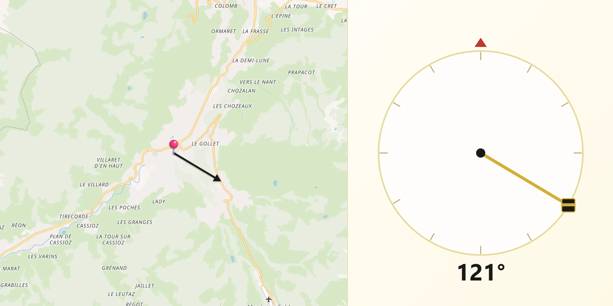 Direction vers la Qibla depuis Megève