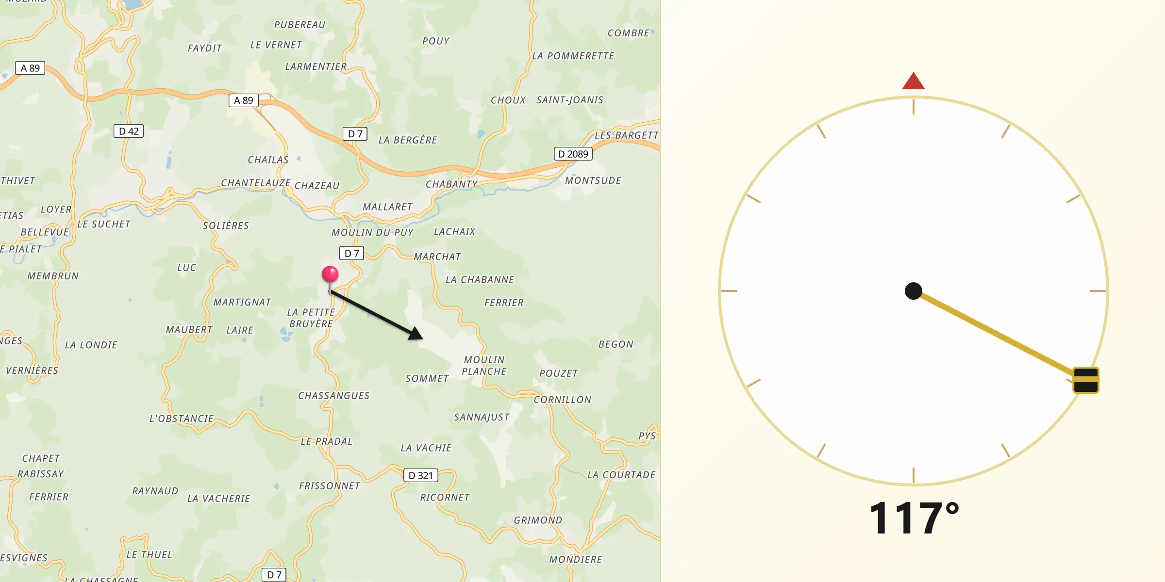 Direction vers la Qibla depuis Celles-sur-Durolle