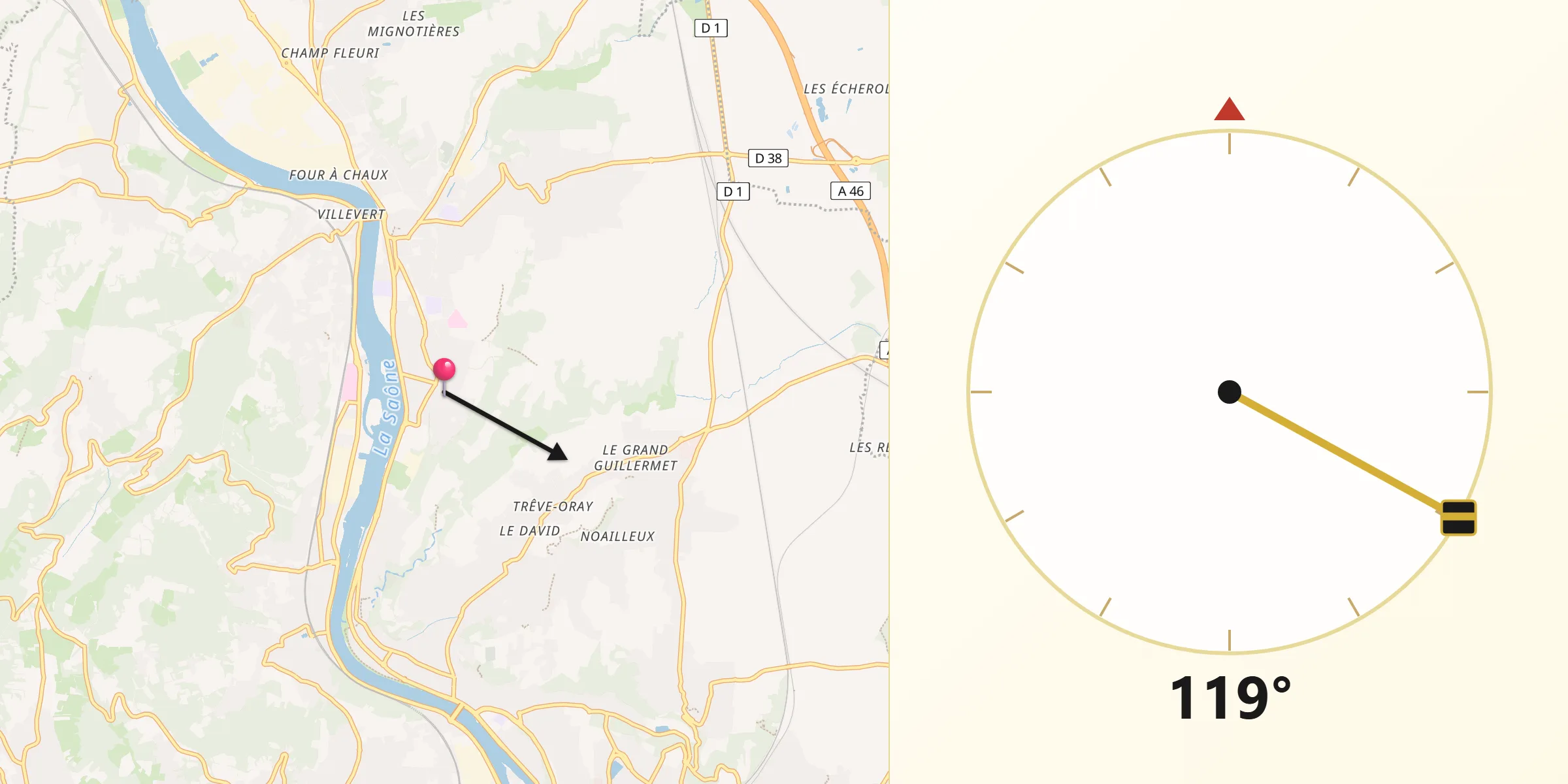 Direction vers la Qibla depuis Fleurieu-sur-Saône