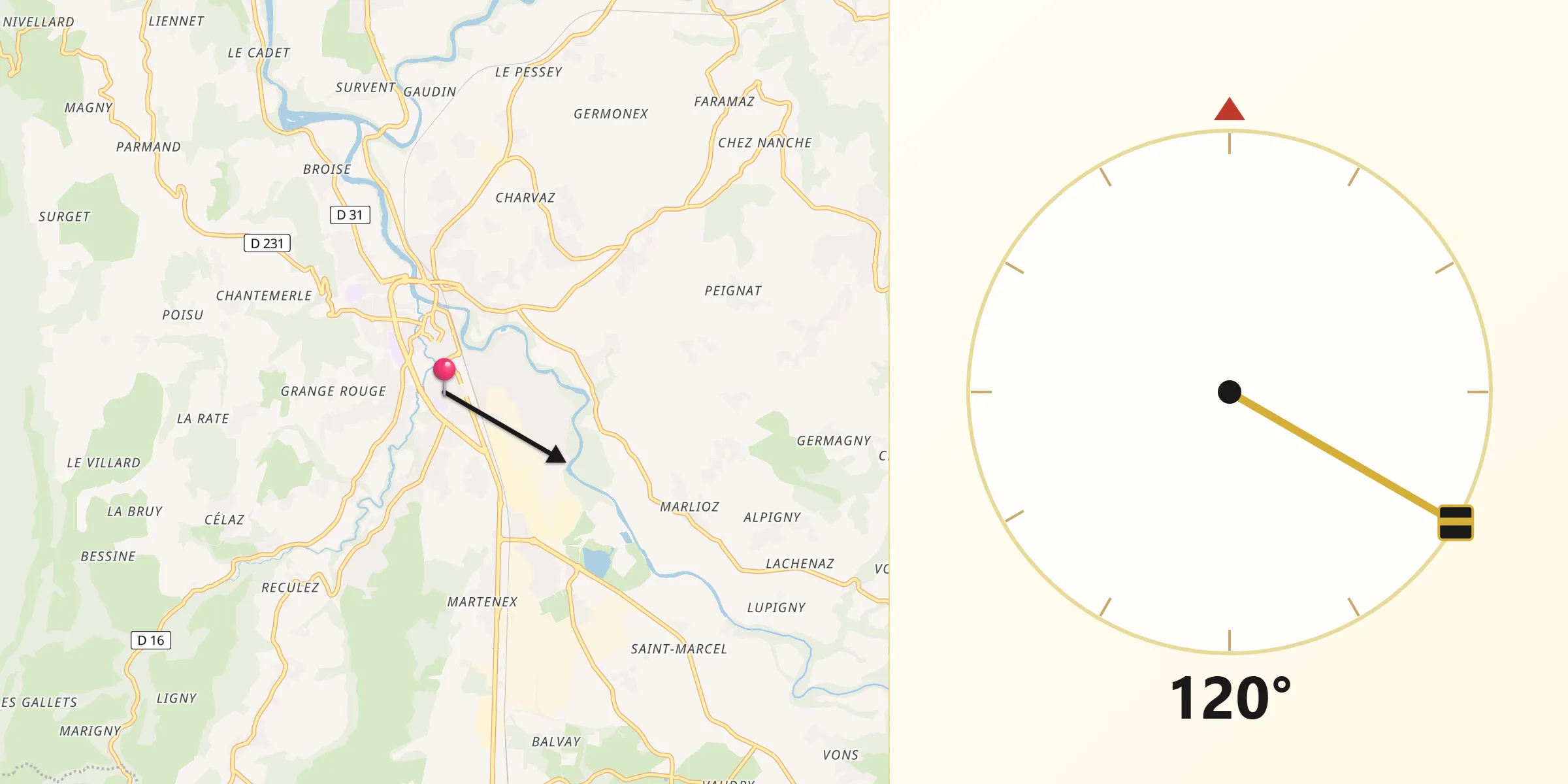 Direction vers la Qibla depuis Rumilly