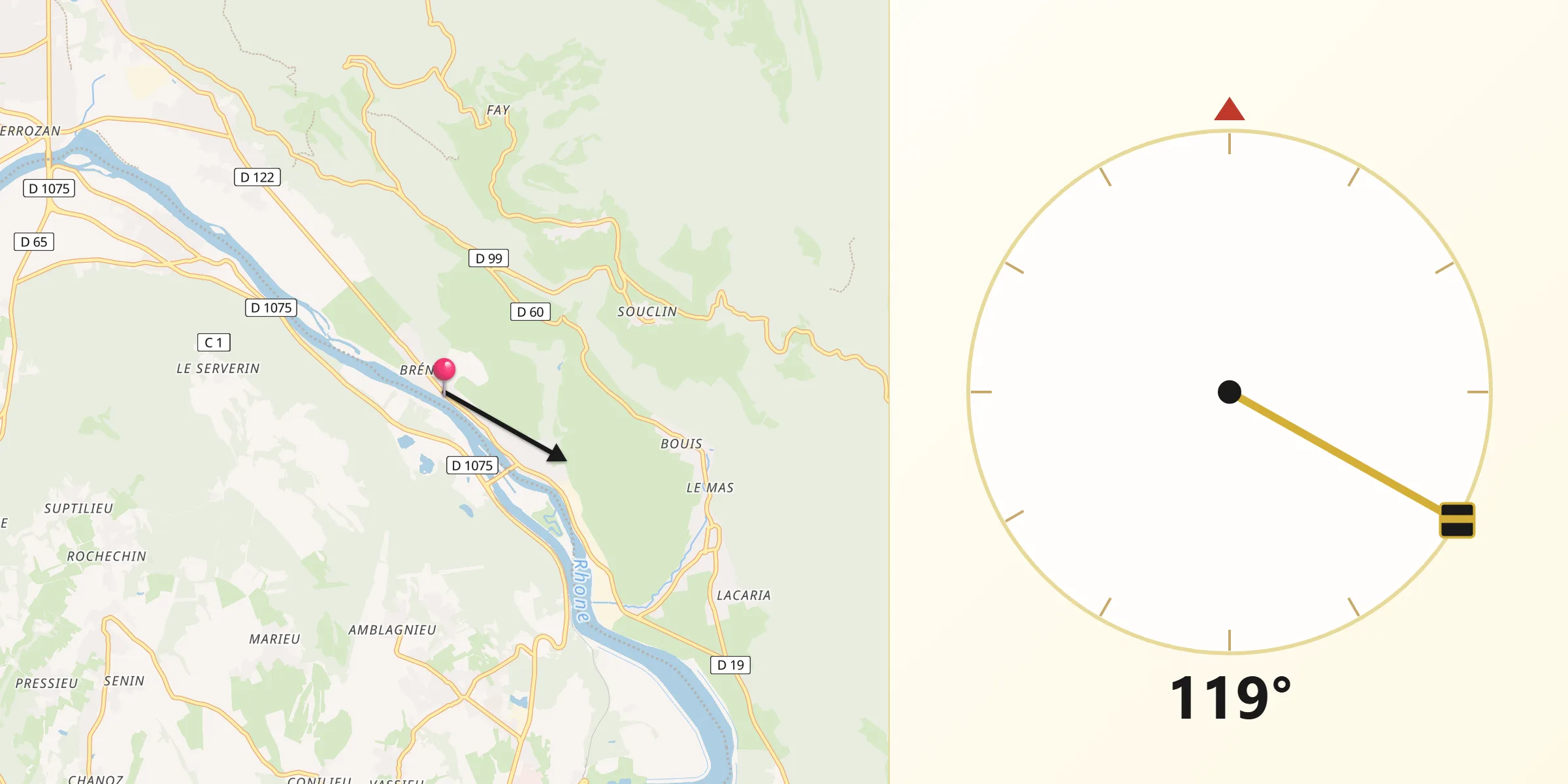 Direction vers la Qibla depuis Sault-Brénaz