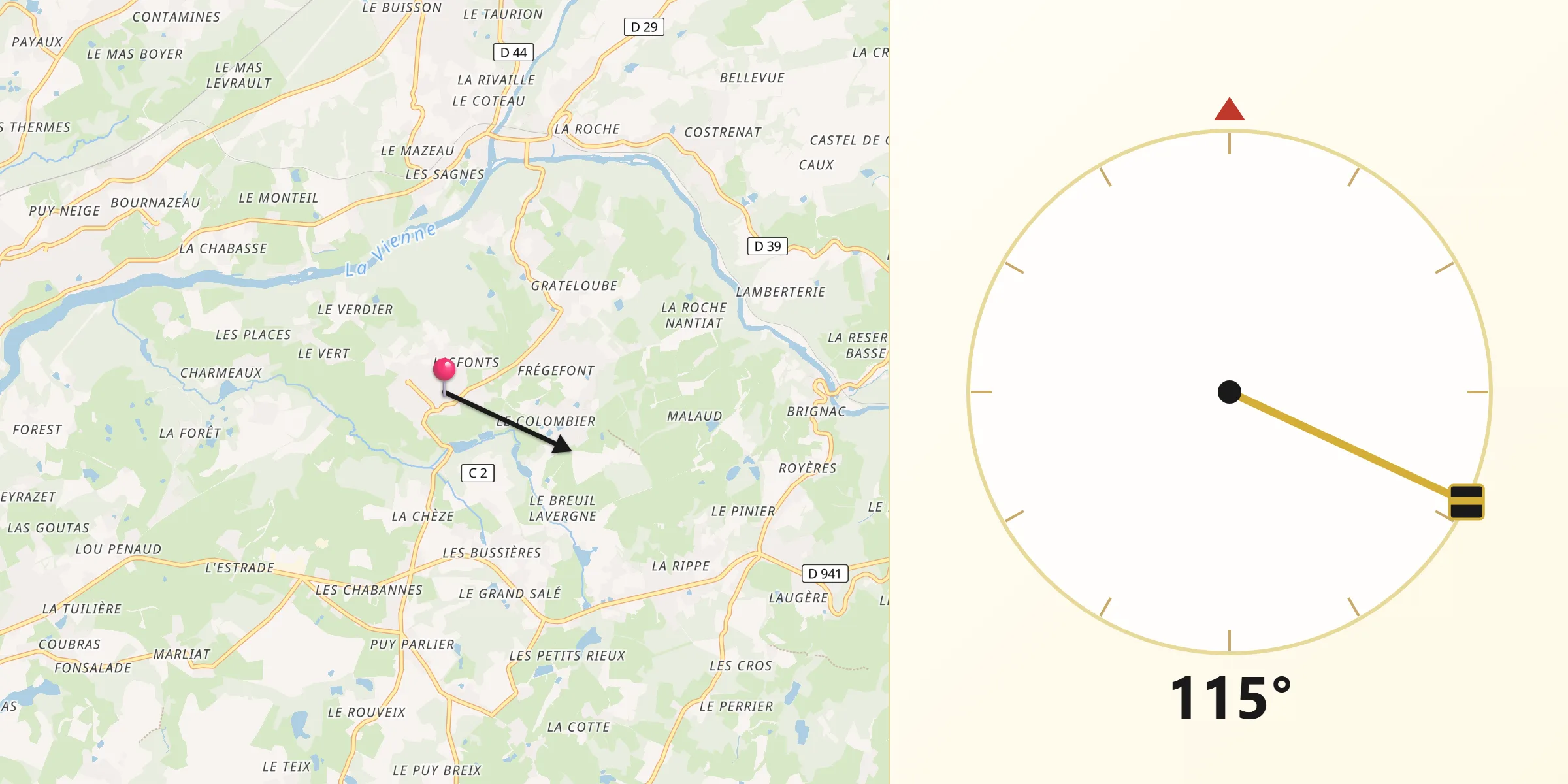 Direction vers la Qibla depuis Saint-Just-le-Martel