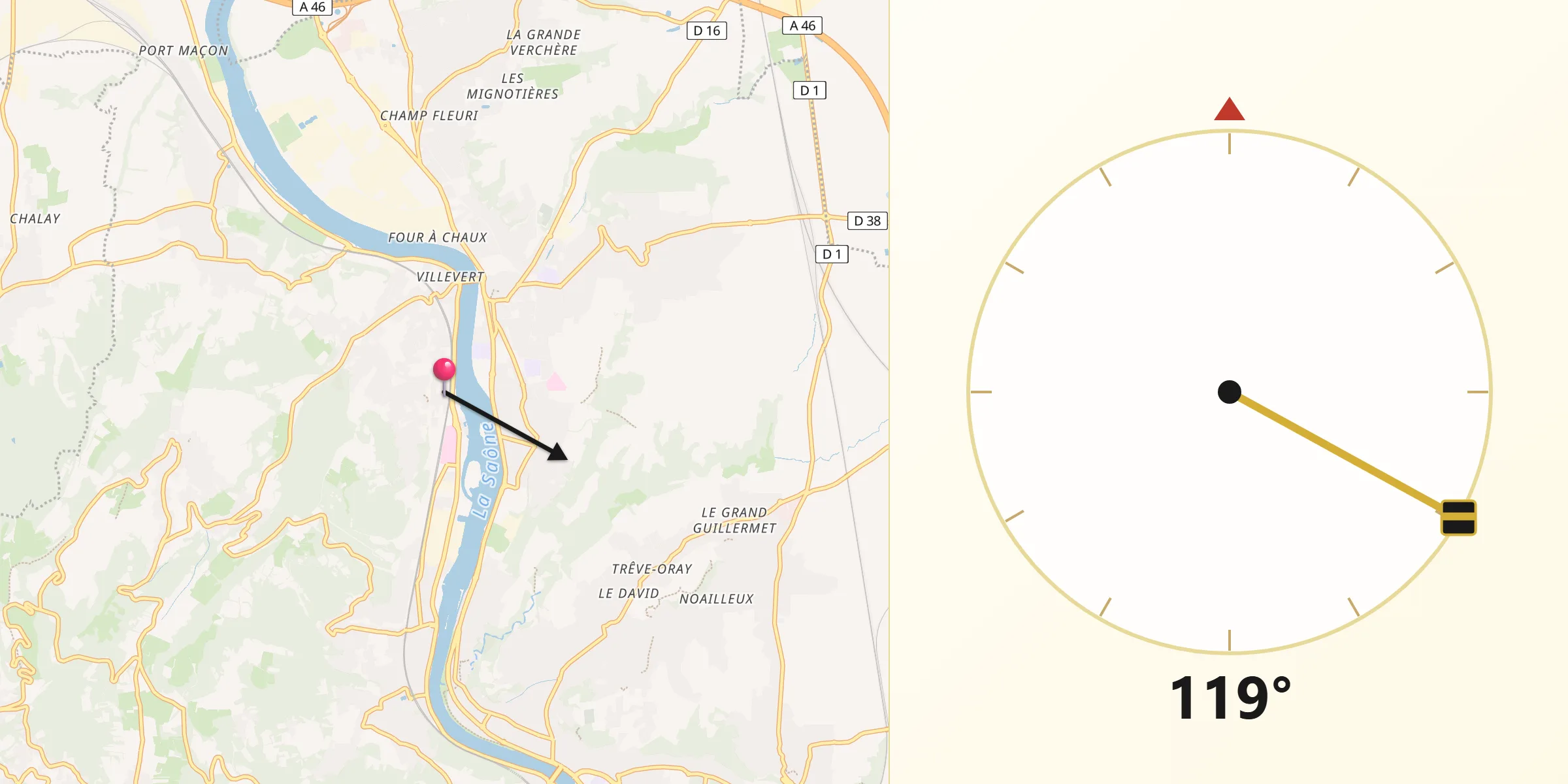 Direction vers la Qibla depuis Albigny-sur-Saône