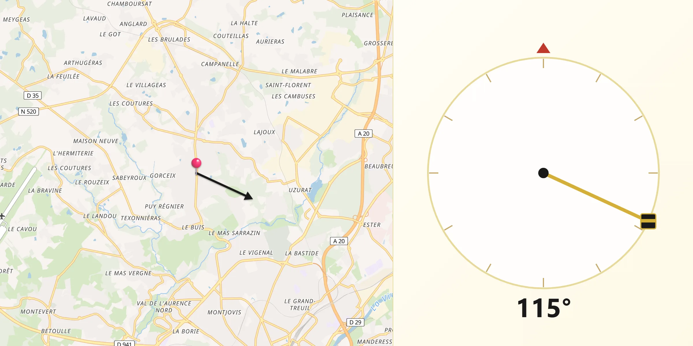 Direction vers la Qibla depuis Couzeix