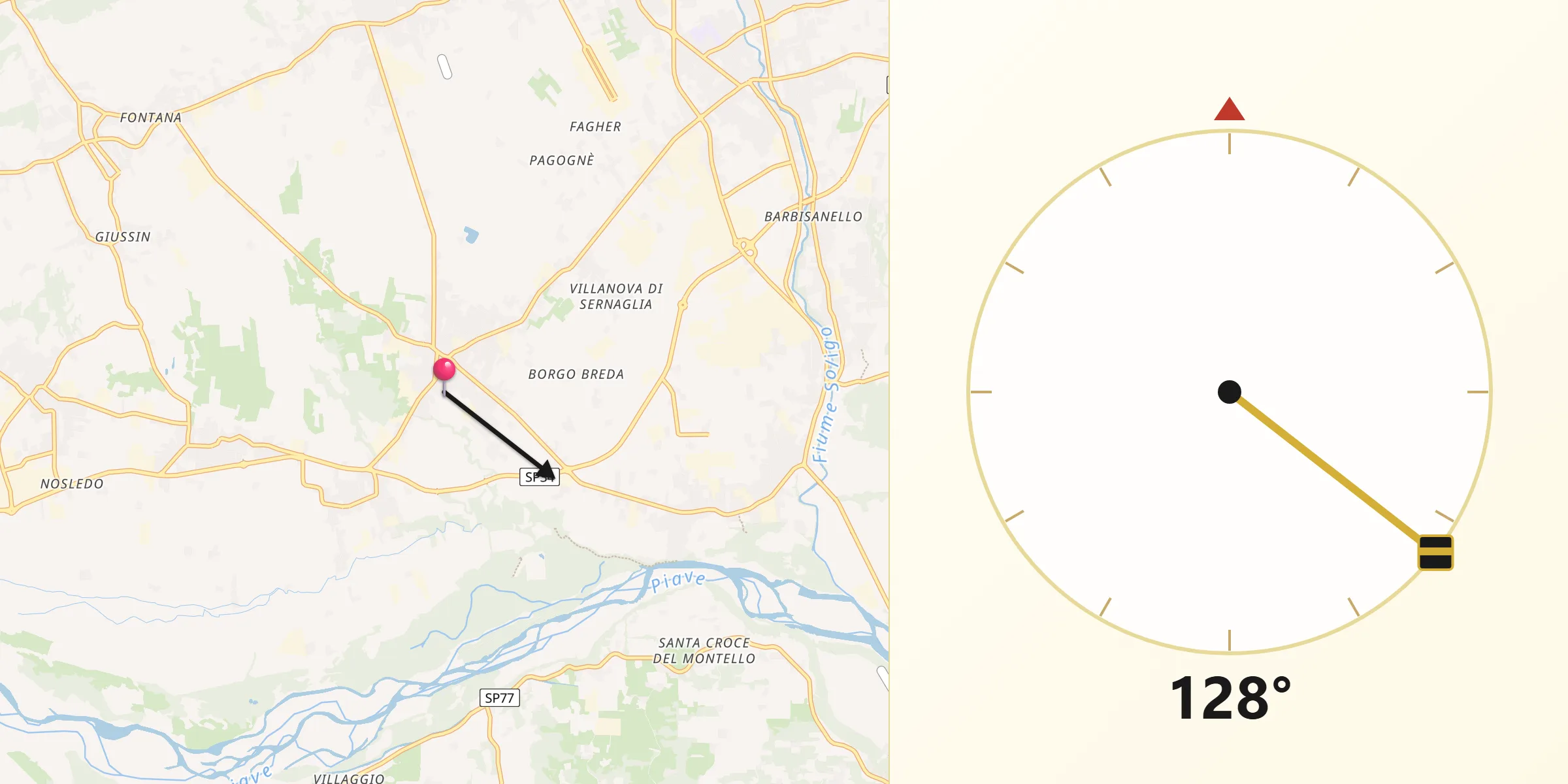 Direzione della Qibla da Sernaglia della Battaglia