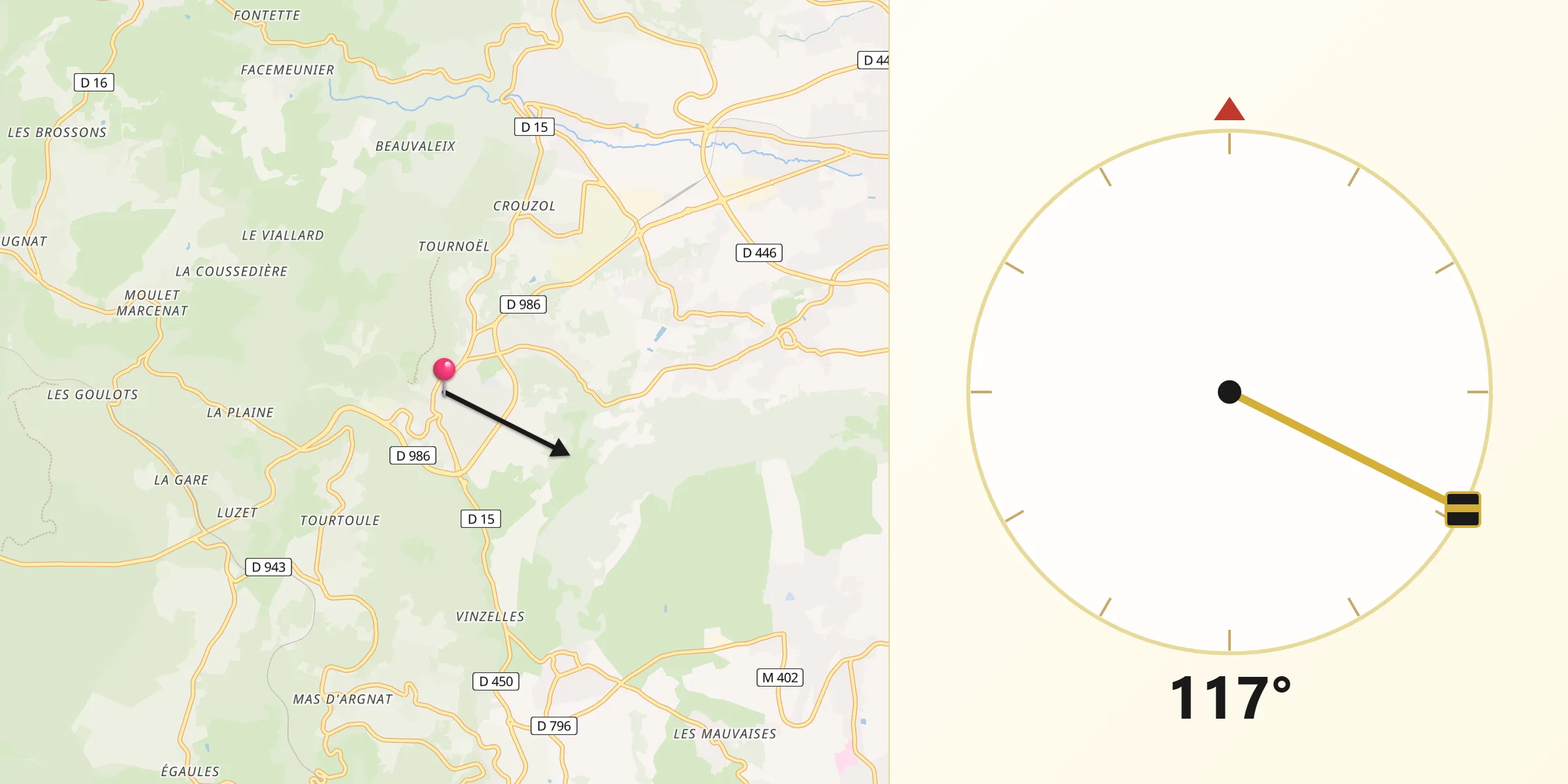 Direction vers la Qibla depuis Volvic