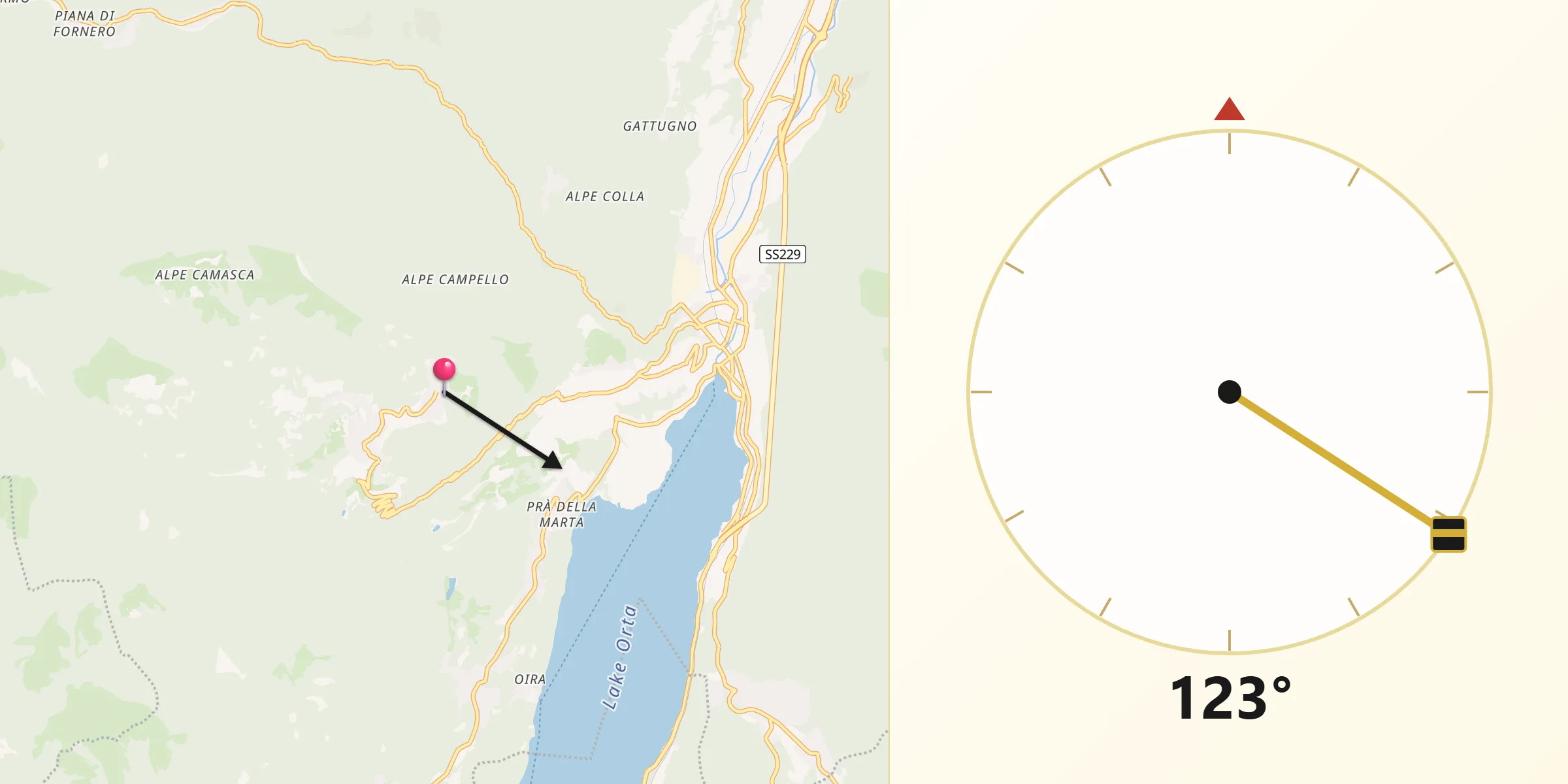 Direzione della Qibla da Quarna Sopra